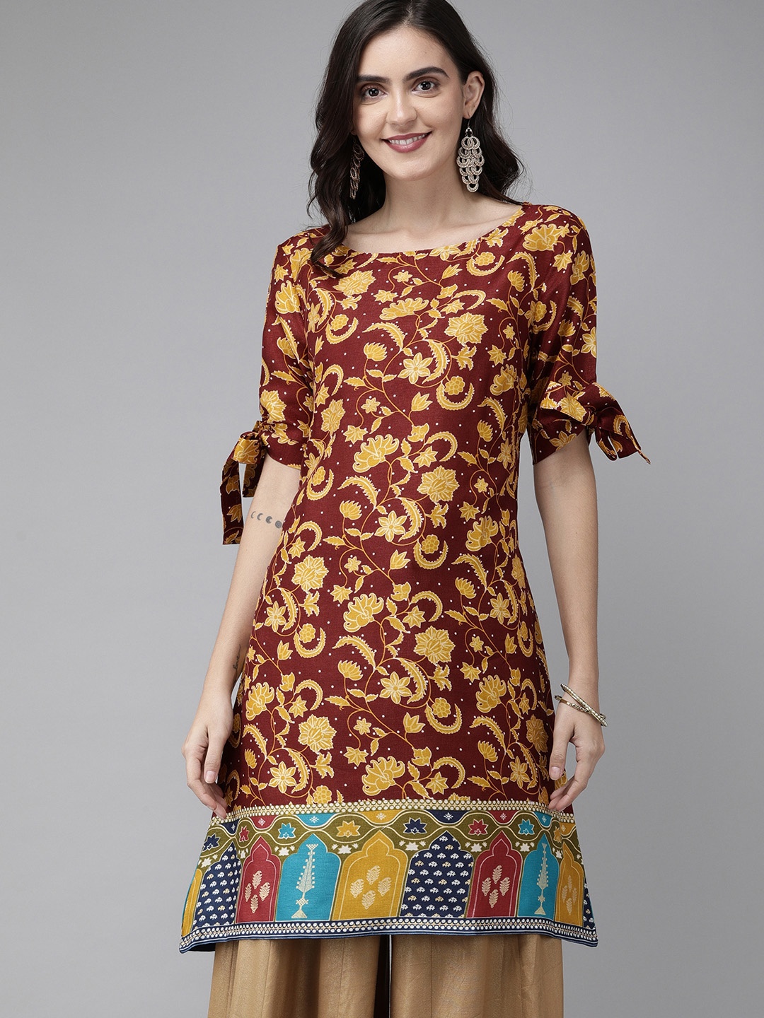 

Anouk Women Maroon & Yellow Floral Printed A-Line Kurta