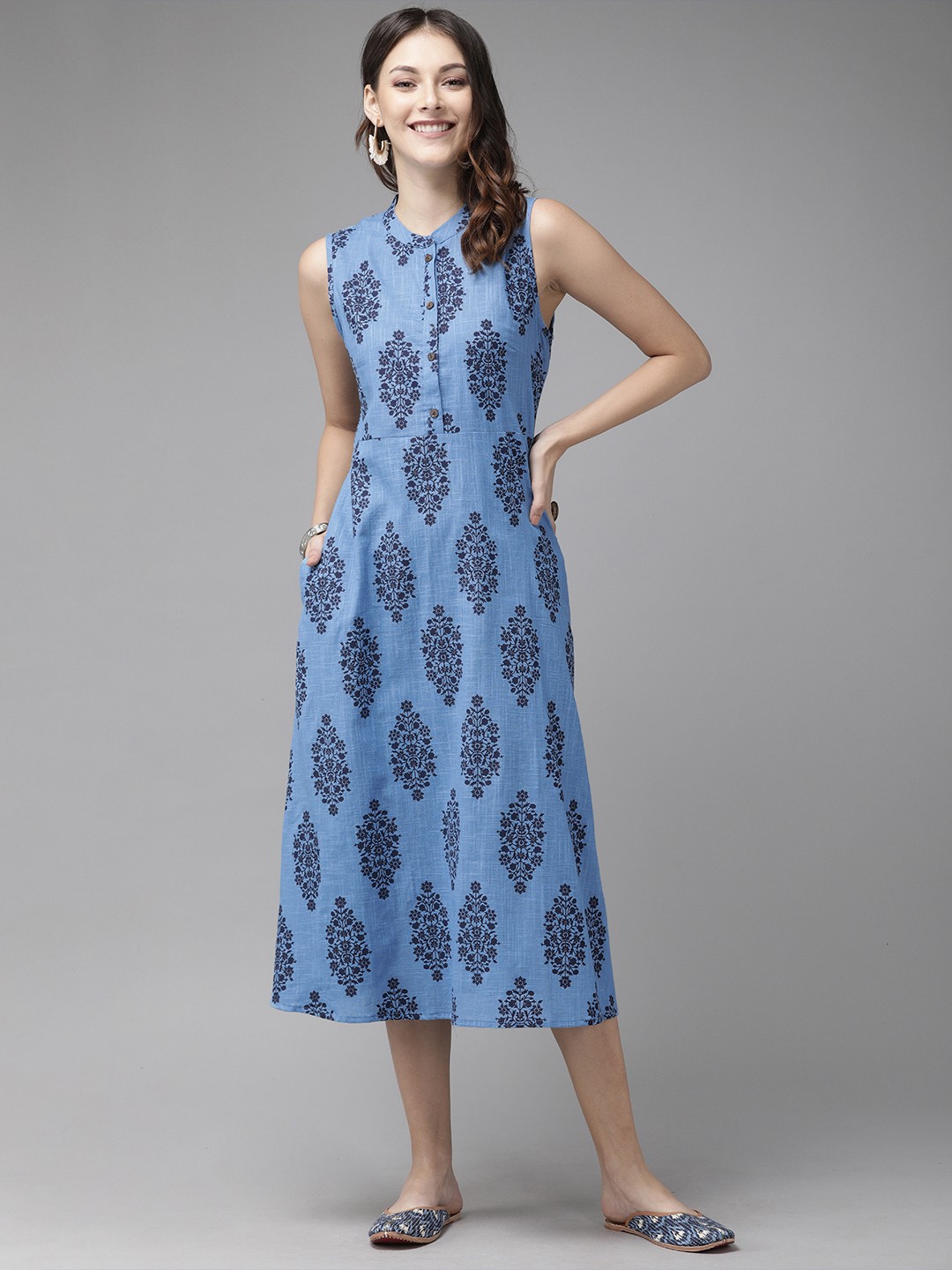 

Anouk Women Blue Printed A-Line Dress