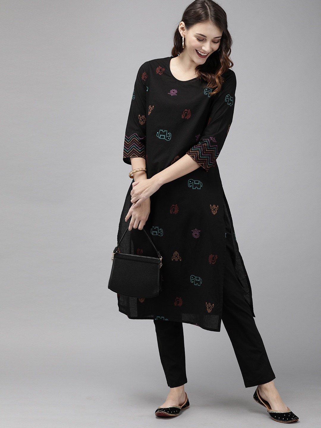 

Anouk Women Black Printed Kurta with Trousers
