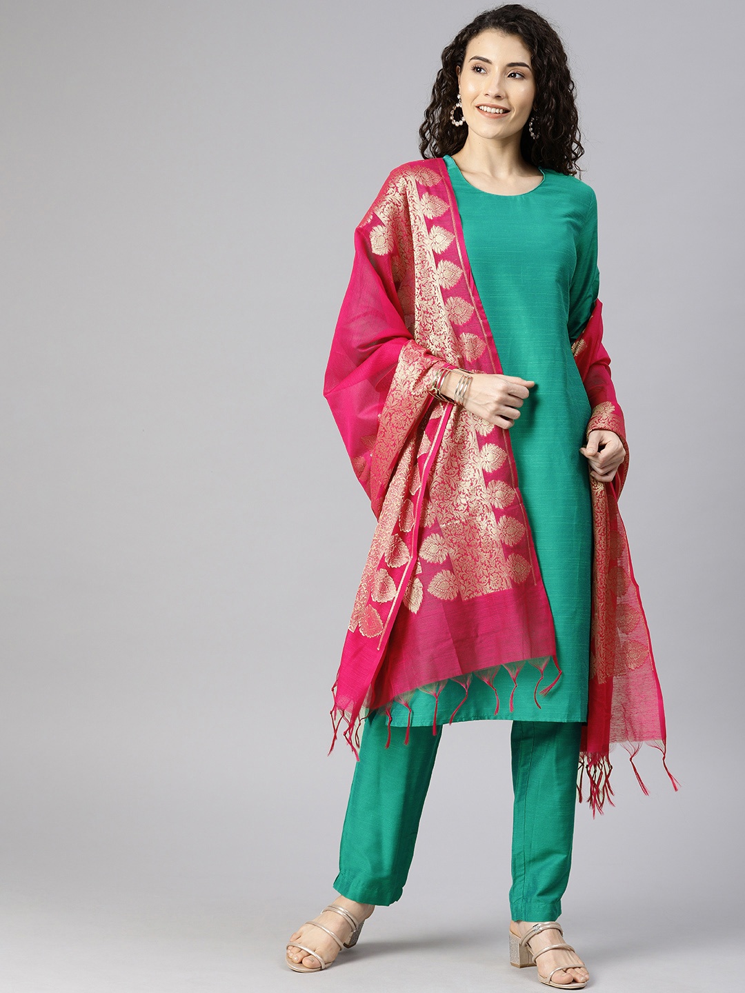 

Anouk Women Green Solid Kurta with Trousers & Dupatta