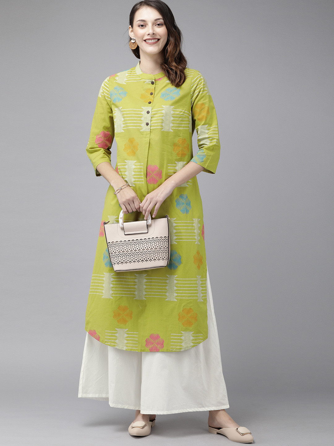 

Anouk Women Green & White Antiviral Finish Pure Cotton Ethnic Motifs Print Kurta with Palazzos