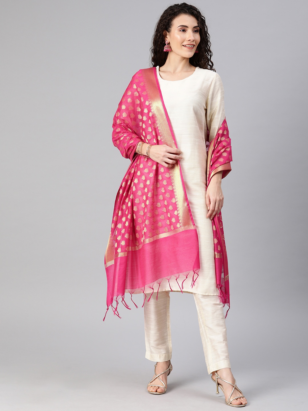 

Anouk Women Off-White Solid Kurta with Trousers & Dupatta