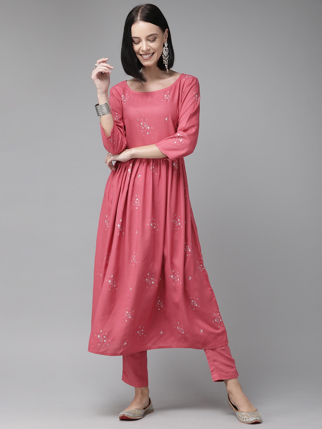 

Anouk Women Pink & White Printed Kurta with Trousers