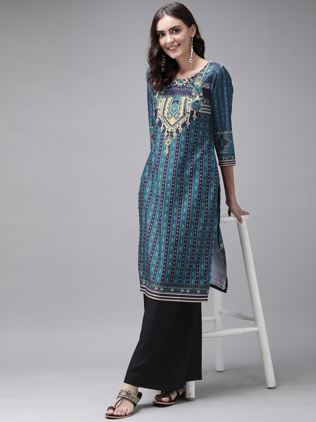 

Anouk Women Navy Blue & Beige Printed Kurta with Palazzos