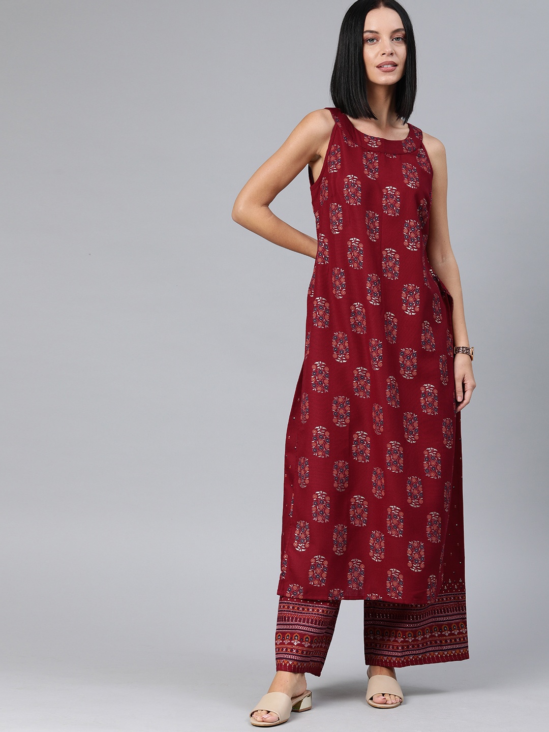 

Anouk Women Maroon & Navy Blue Printed Kurta with Palazzos