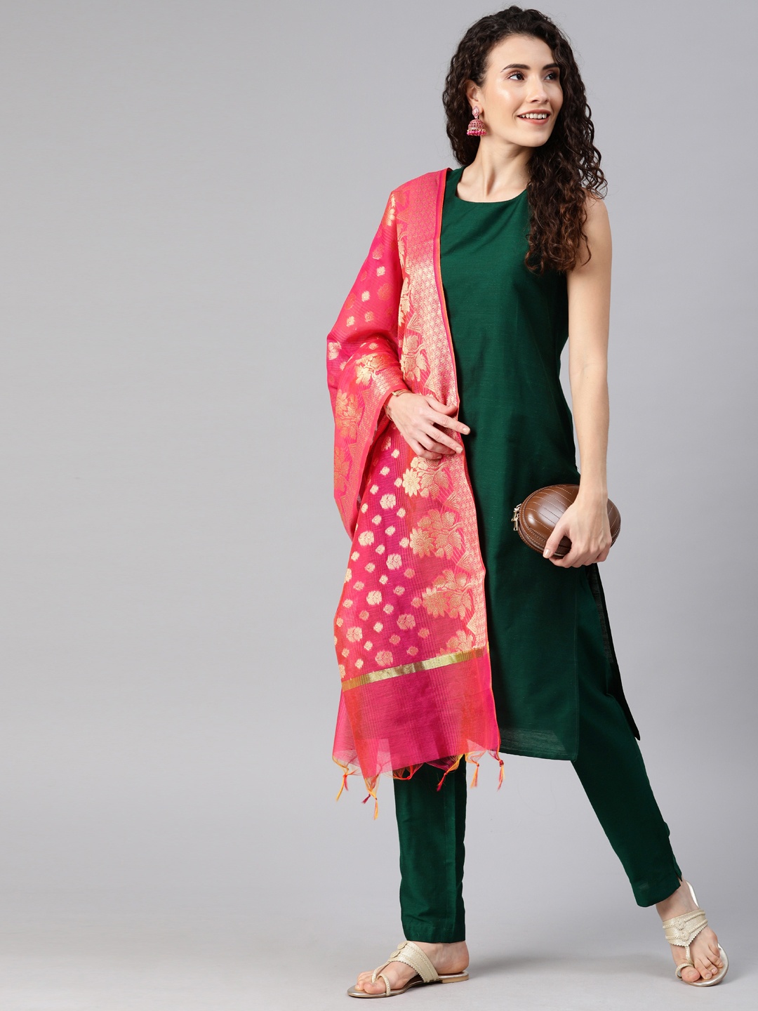 

Anouk Women Green Solid Kurta with Trousers & Dupatta