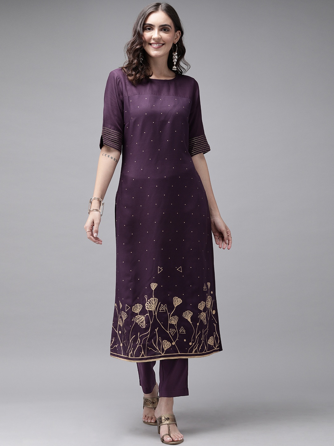 

Anouk Women Purple & Beige Printed Kurta with Trousers