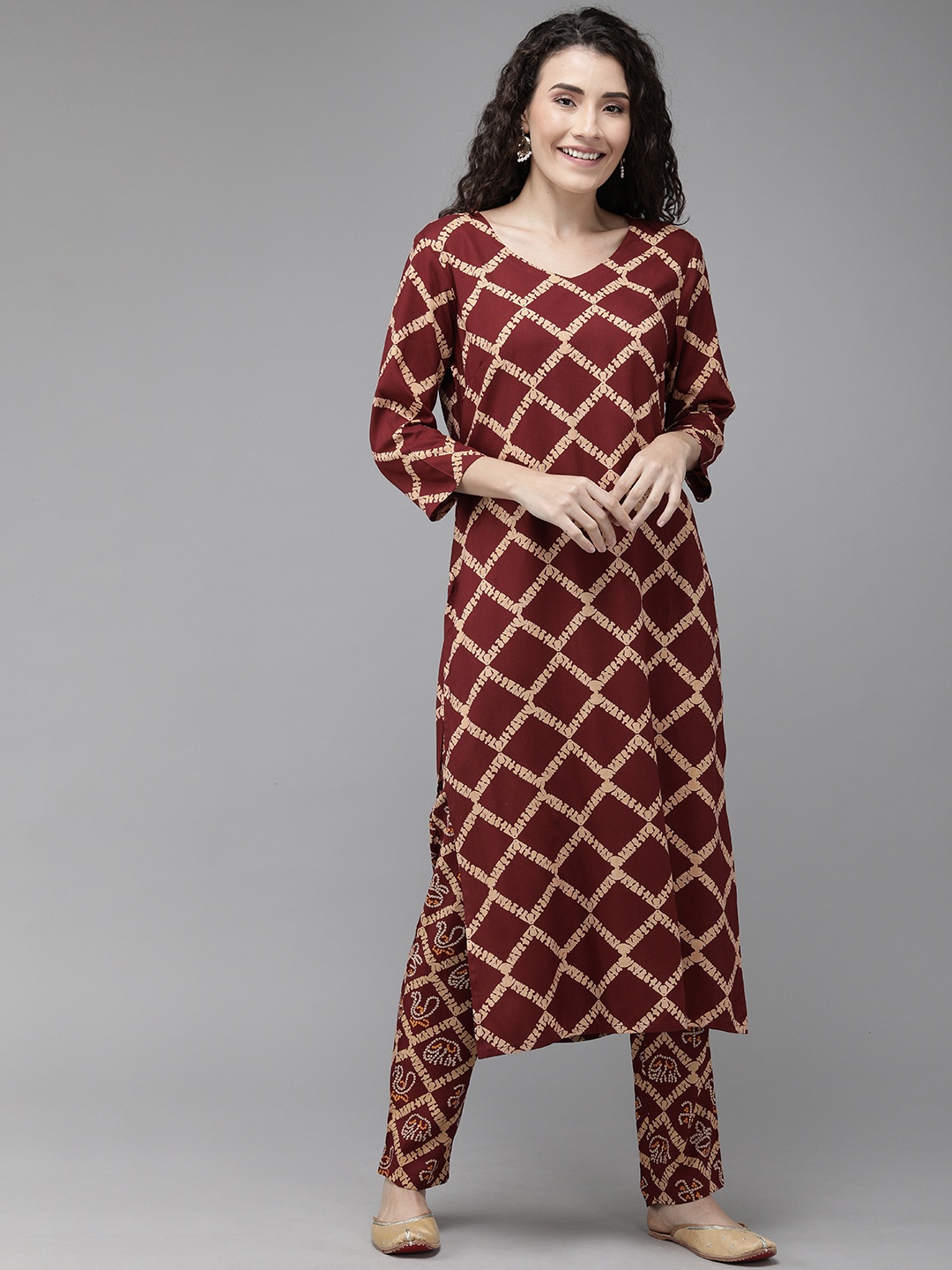 

Anouk Women Maroon & Beige Printed Kurta with Trousers