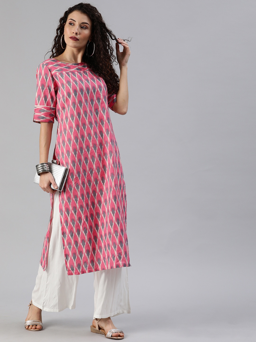 

Anouk Women Pink & Grey Ikat Printed Straight Kurta