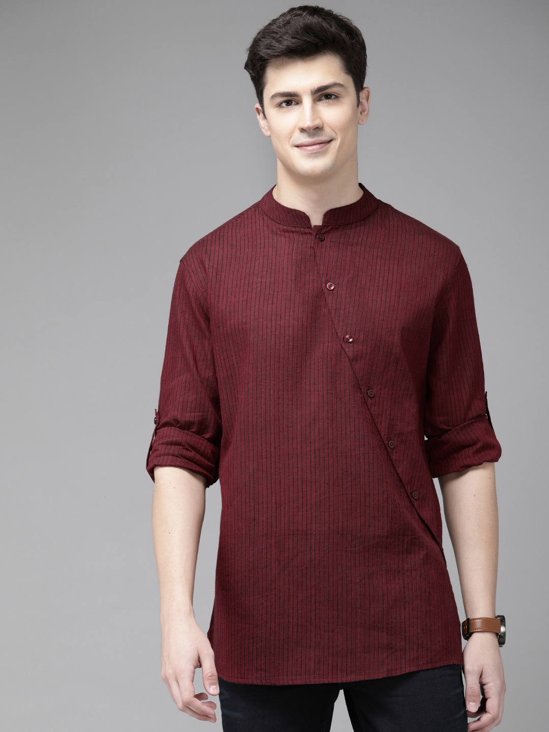 

Anouk Men Burgundy & Black Striped Straight Kurta