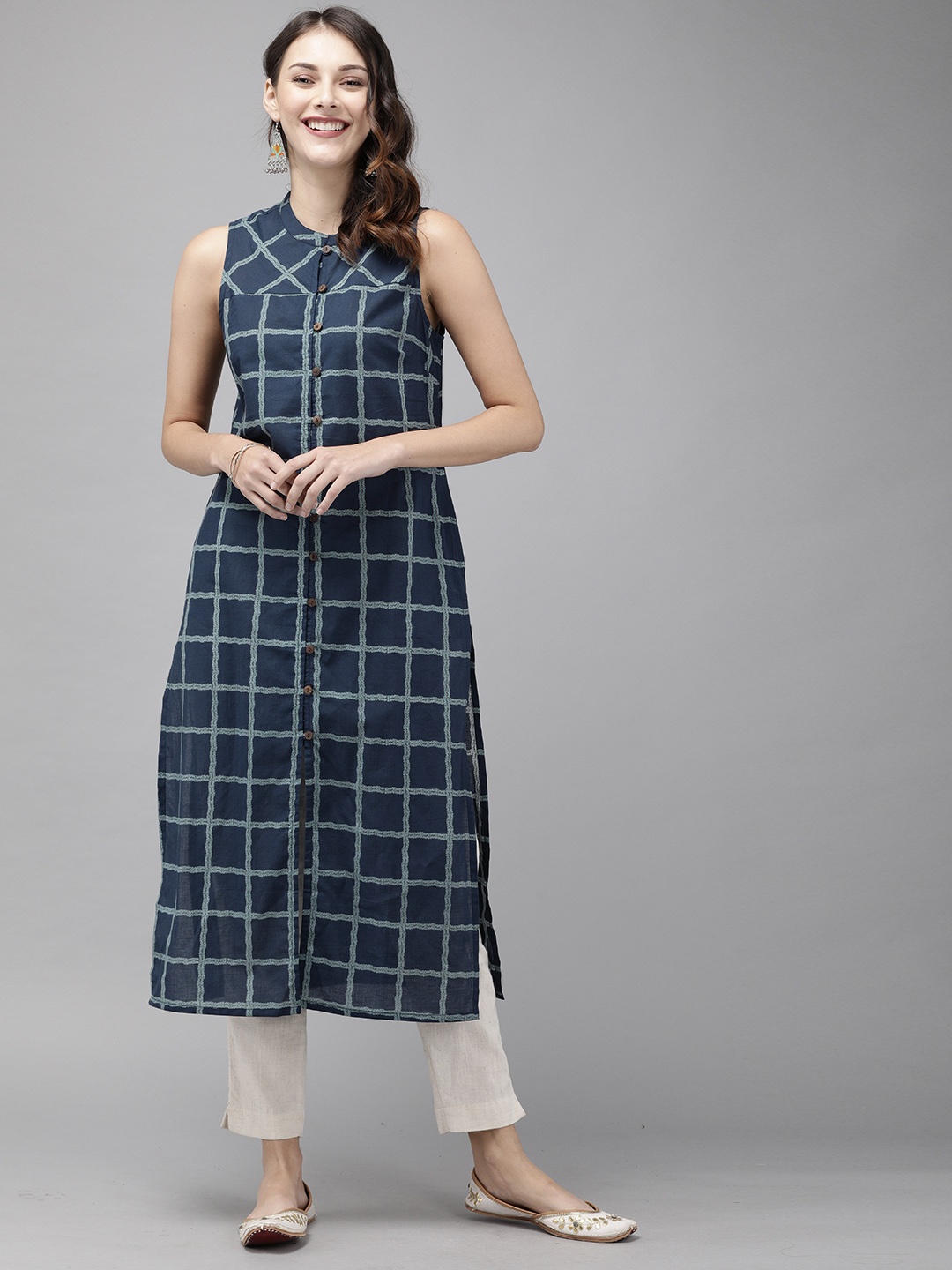 

Anouk Women Navy Blue Checked Straight Kurta