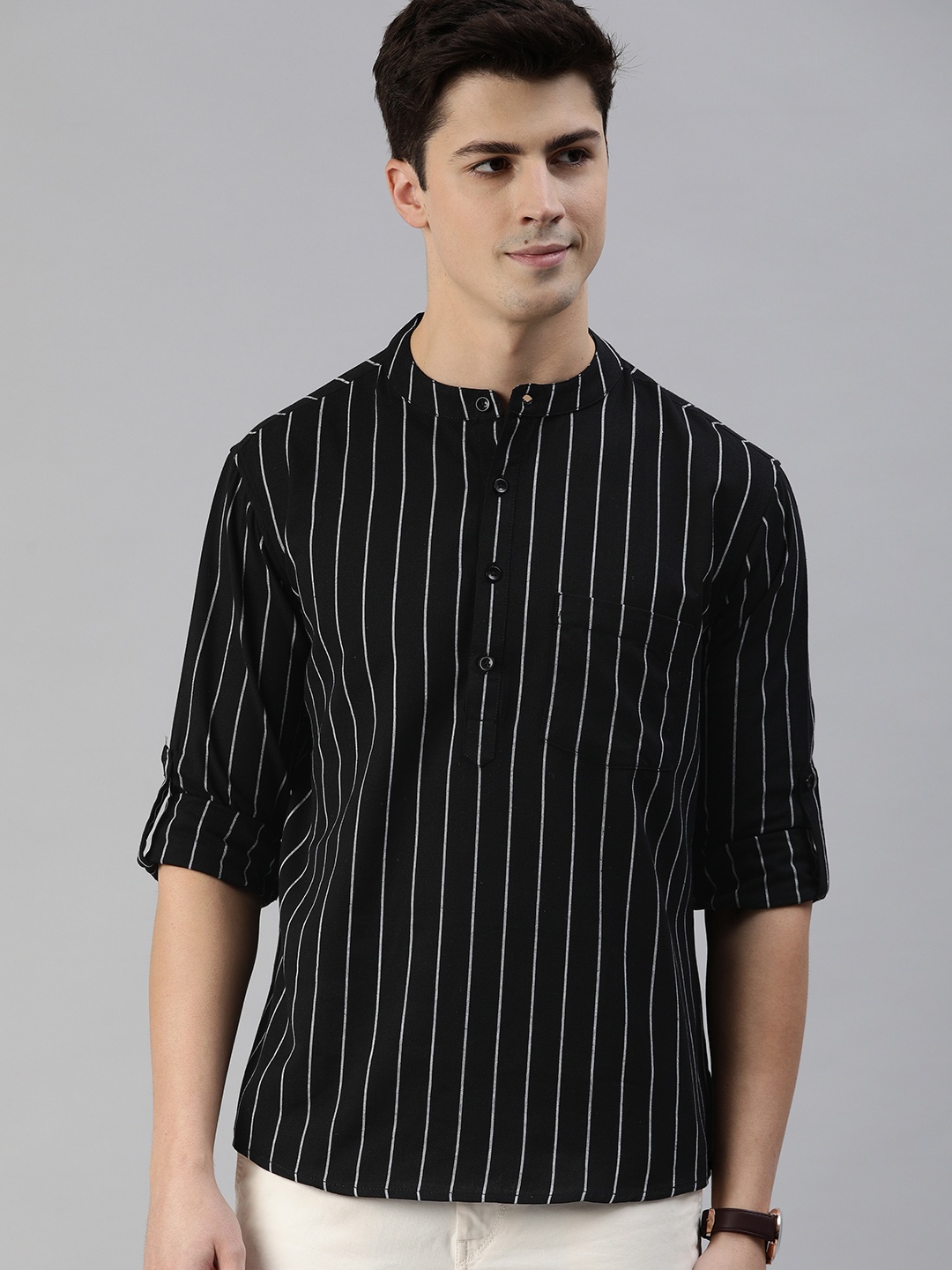 

Anouk Men Black & White Striped Straight Kurta