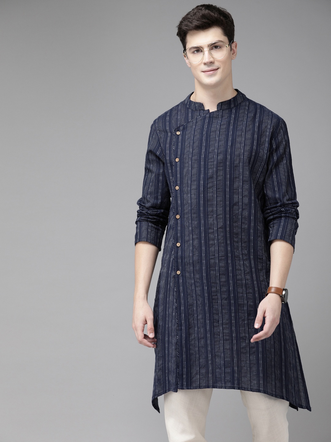 

Anouk Men Navy Blue & White Striped Straight Kurta
