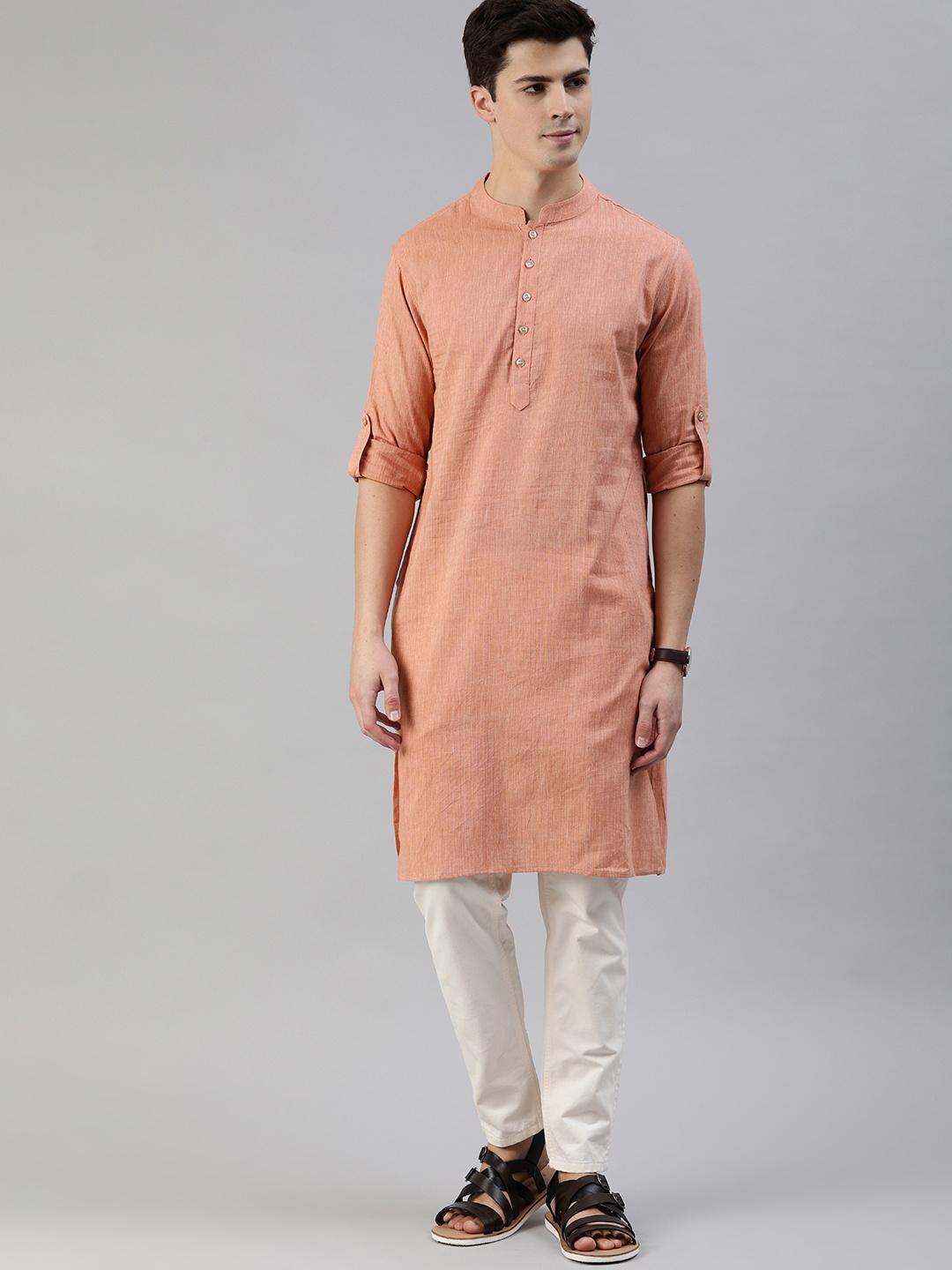 

Anouk Men Peach-Coloured Solid Straight Kurta