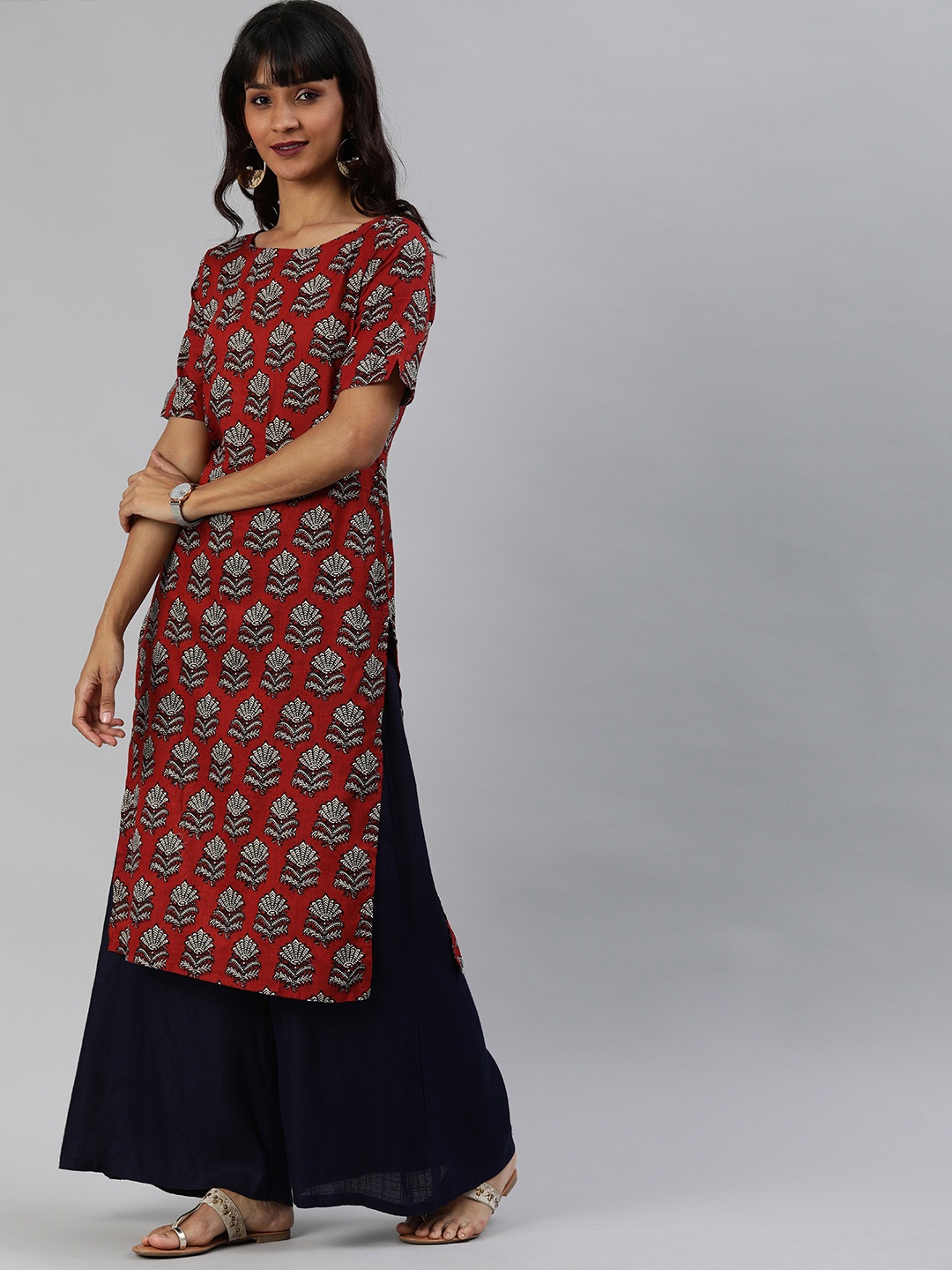 

Anouk Women Maroon & White Printed Straight Kurta