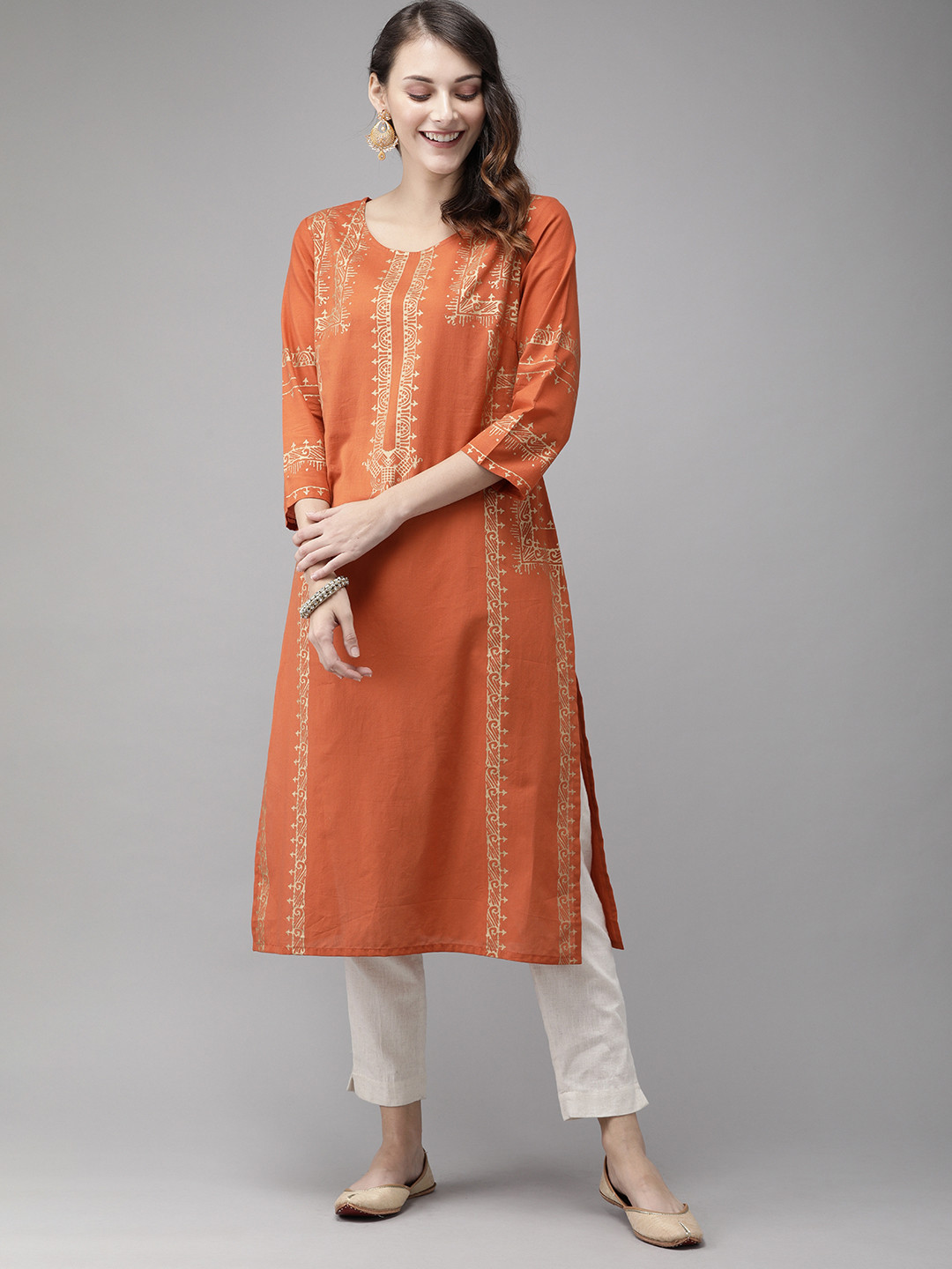 

Anouk Women Rust Orange Antiviral Finish Foil Printed Straight Kurta