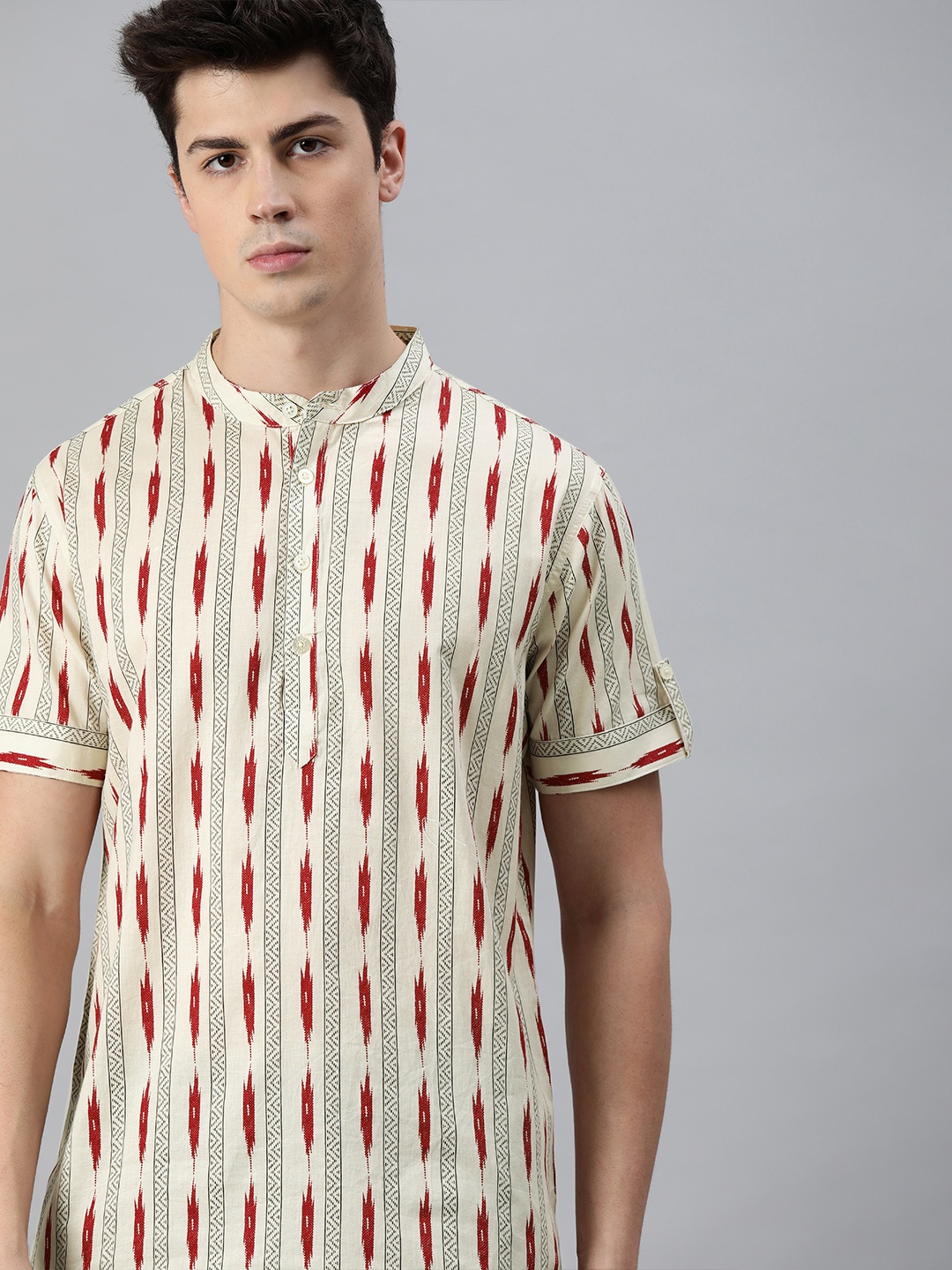 

Anouk Men Beige & Red Printed Straight Kurta