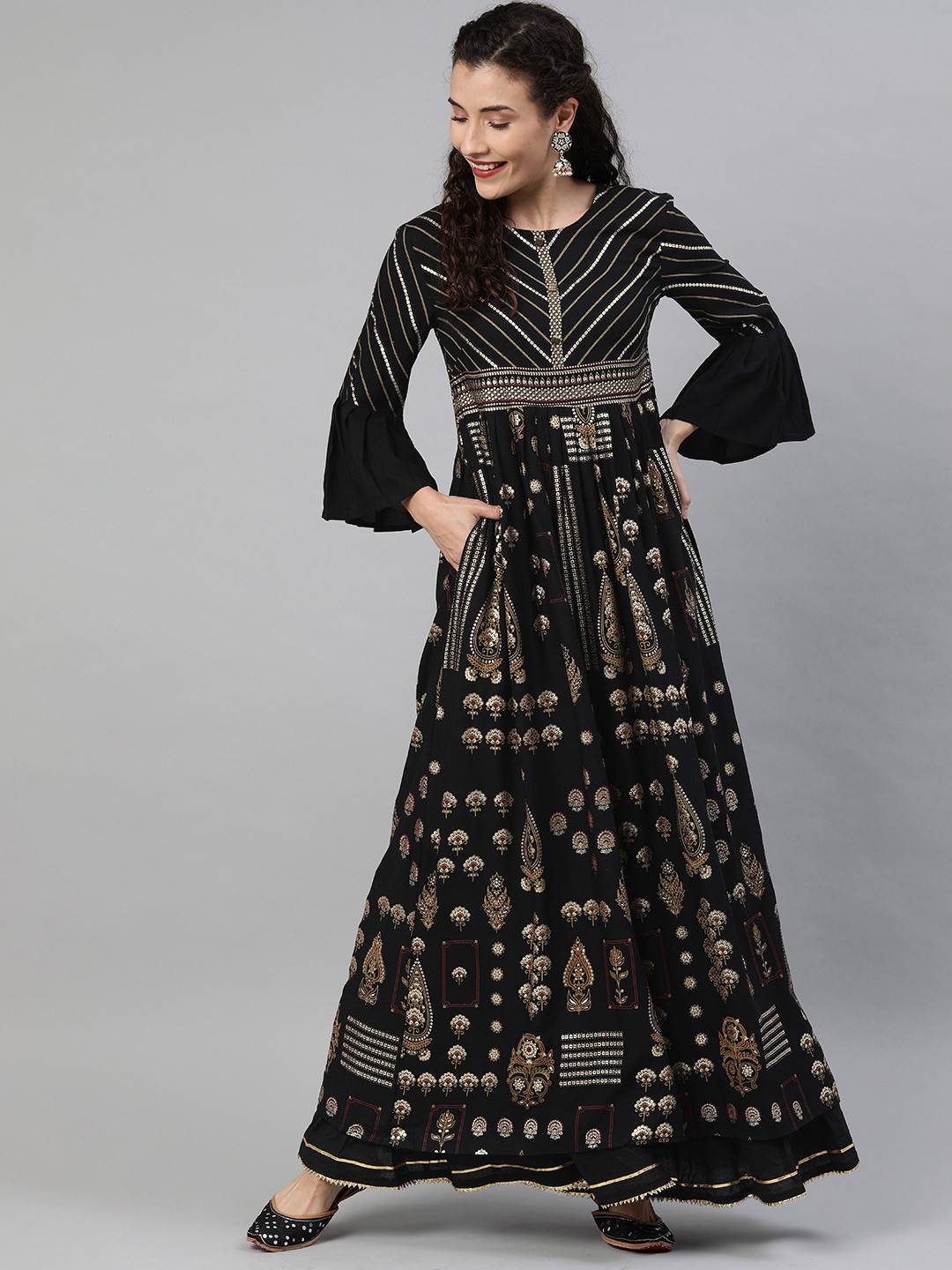 

Anouk Women Black & Beige Printed Pleated A-Line Kurta with Pocket