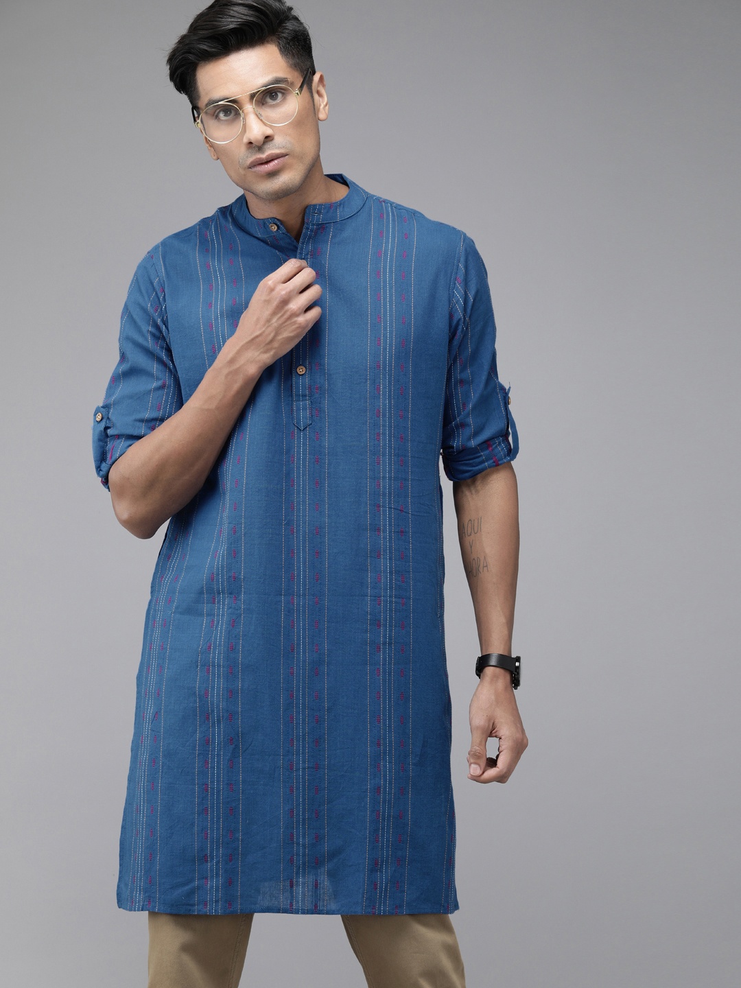 

Anouk Men Navy Blue & Mustard Embroidered Straight Kurta