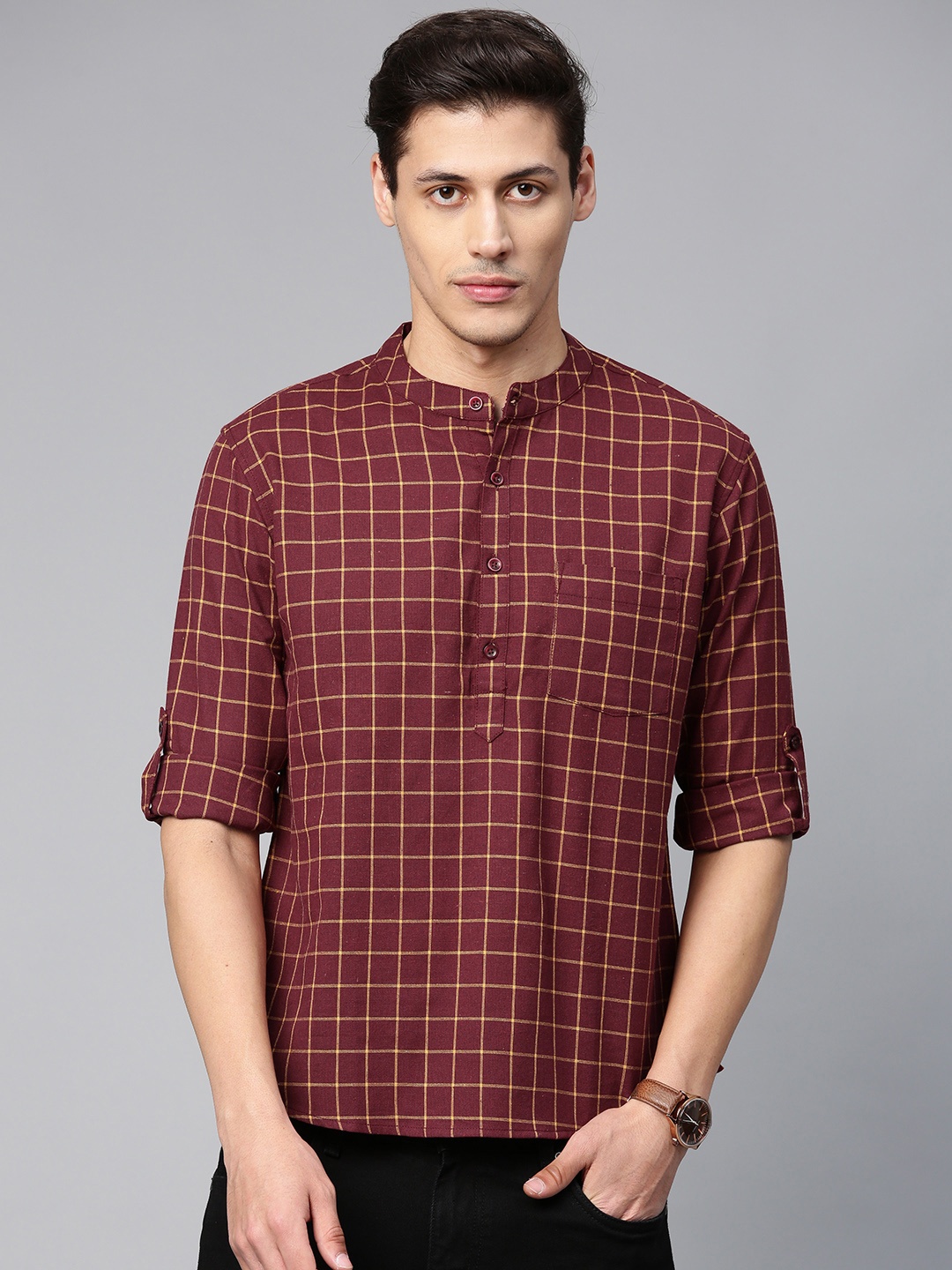 

Anouk Men Maroon & Yellow Checked Short Straight Kurta