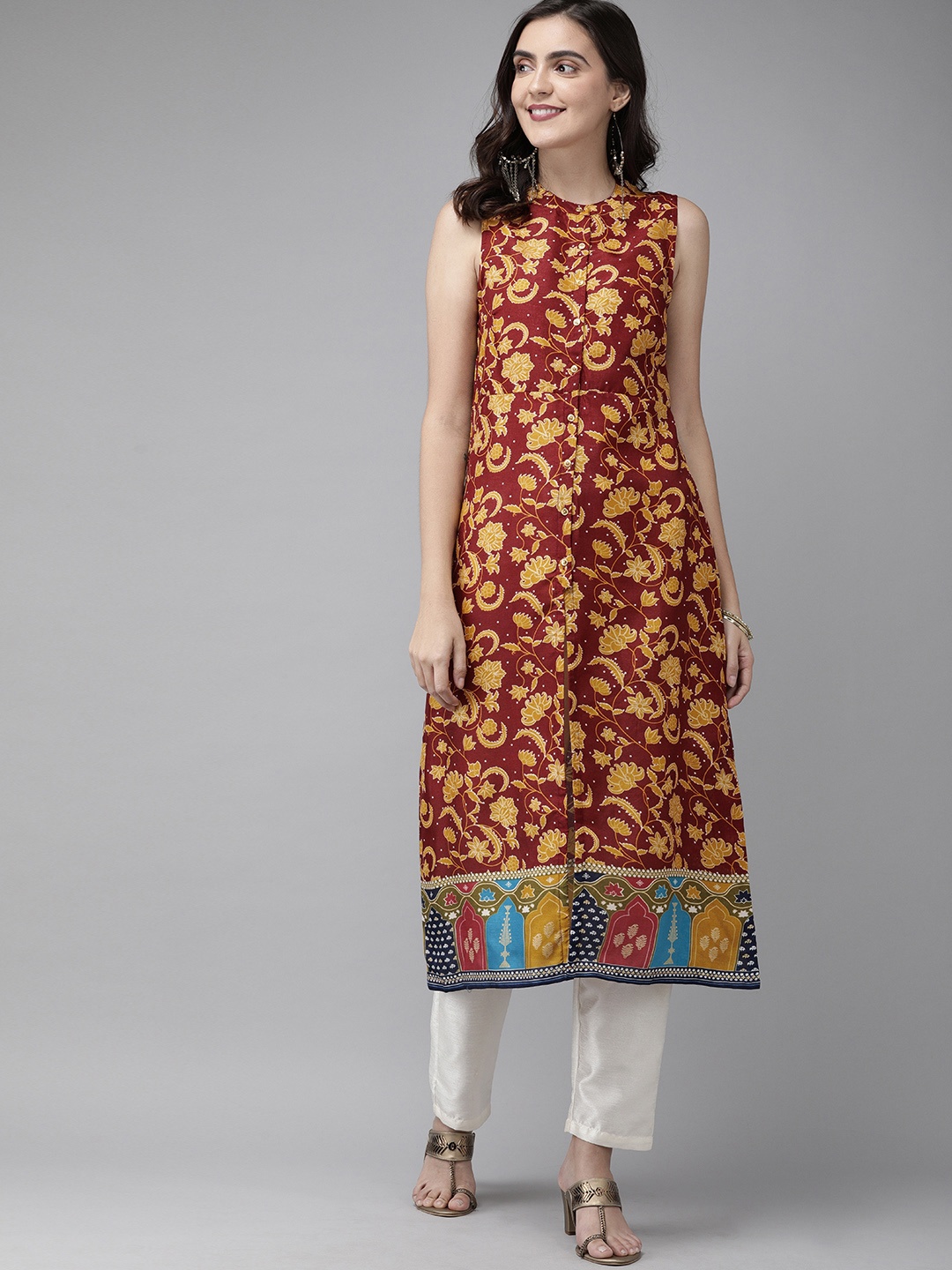 

Anouk Women Maroon & Yellow Floral Printed Straight Kurta