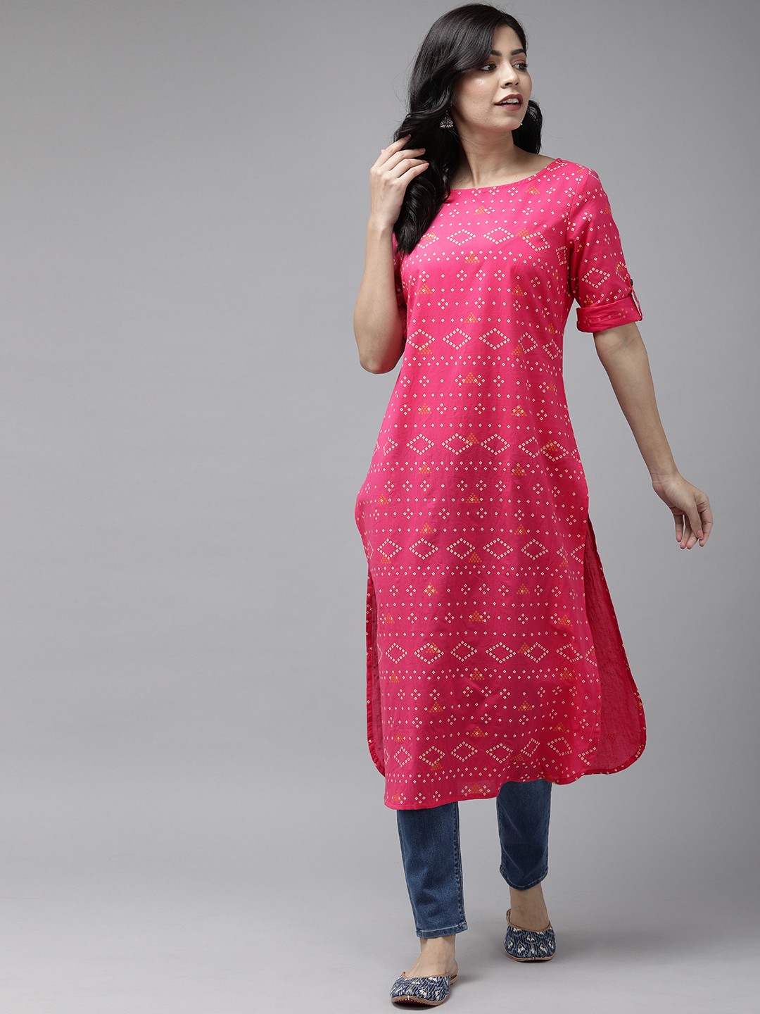 

Anouk Women Pink & Cream-Coloured Bandhani Printed A-Line Kurta