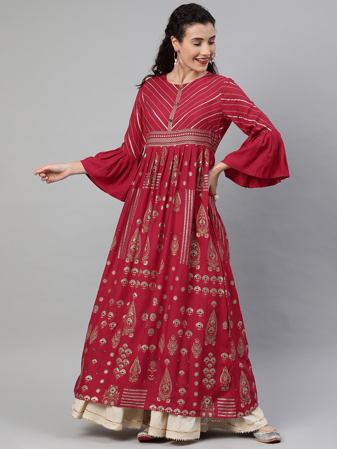 

Anouk Women Maroon & Beige Printed Pleated A-Line Kurta with Pocket