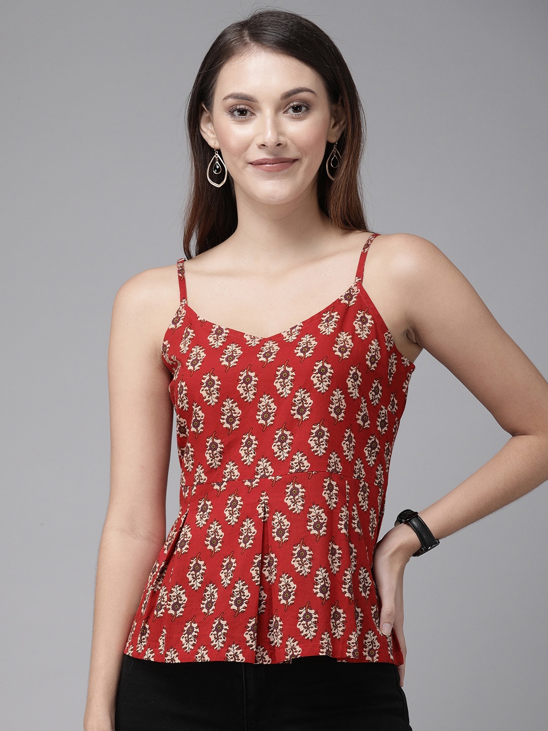 

Anouk Women Red & Beige Printed Peplum Pure Cotton Top