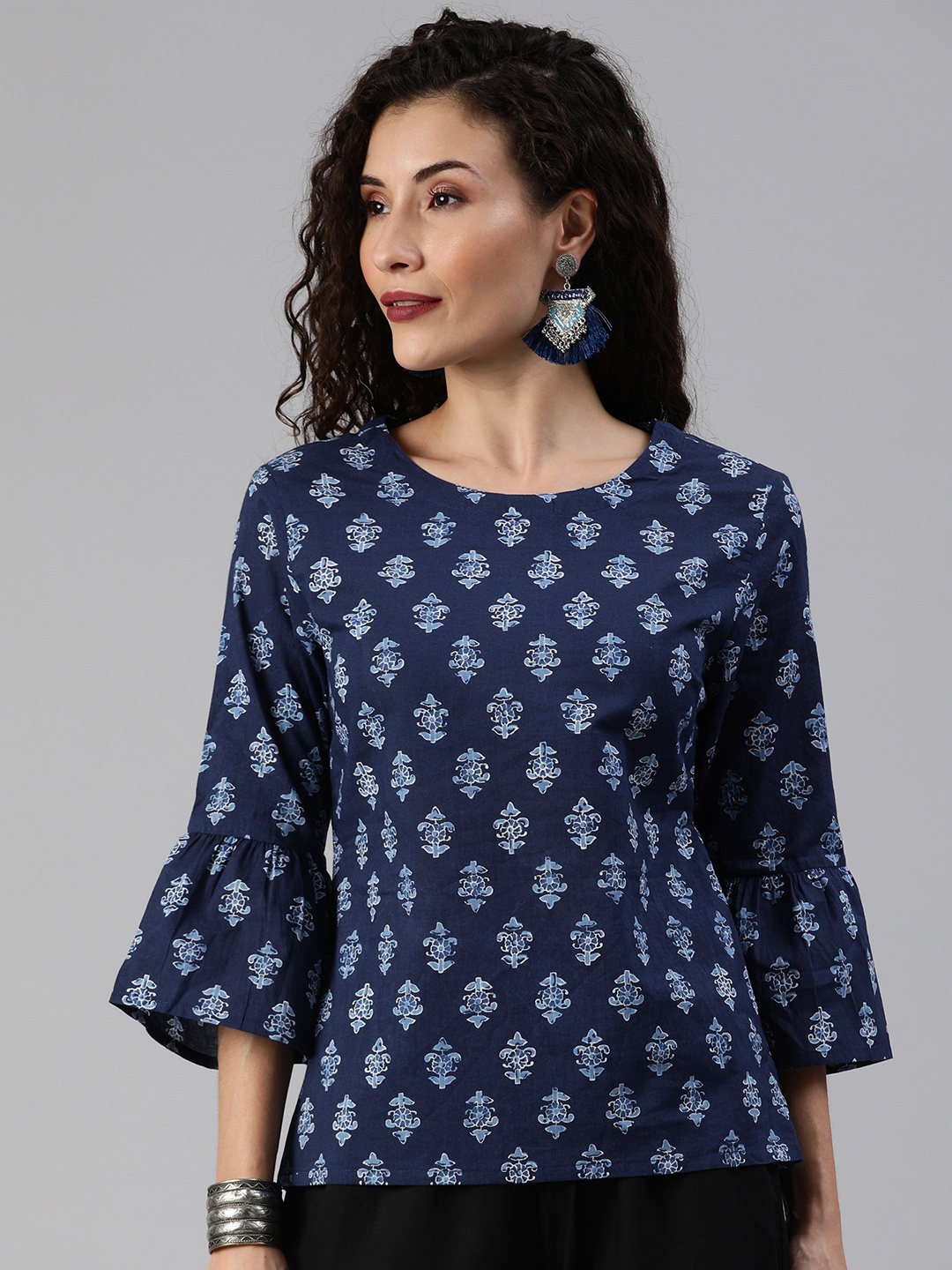 

Anouk Navy Blue Ethnic Motifs Bell Sleeved Pure Cotton Top