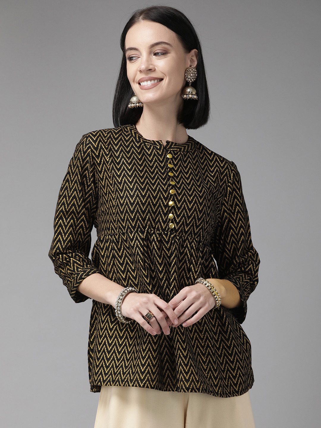 

Anouk Women Black & Gold-Coloured Printed A-Line Top with Gathered Detail
