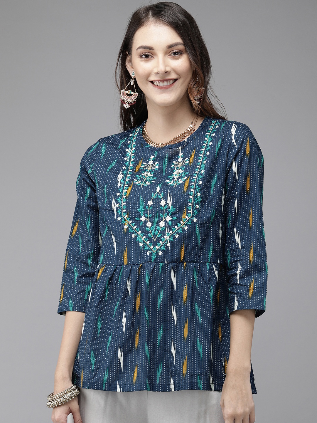 

Anouk Navy Blue & White Floral Embroidered Pure Cotton Top