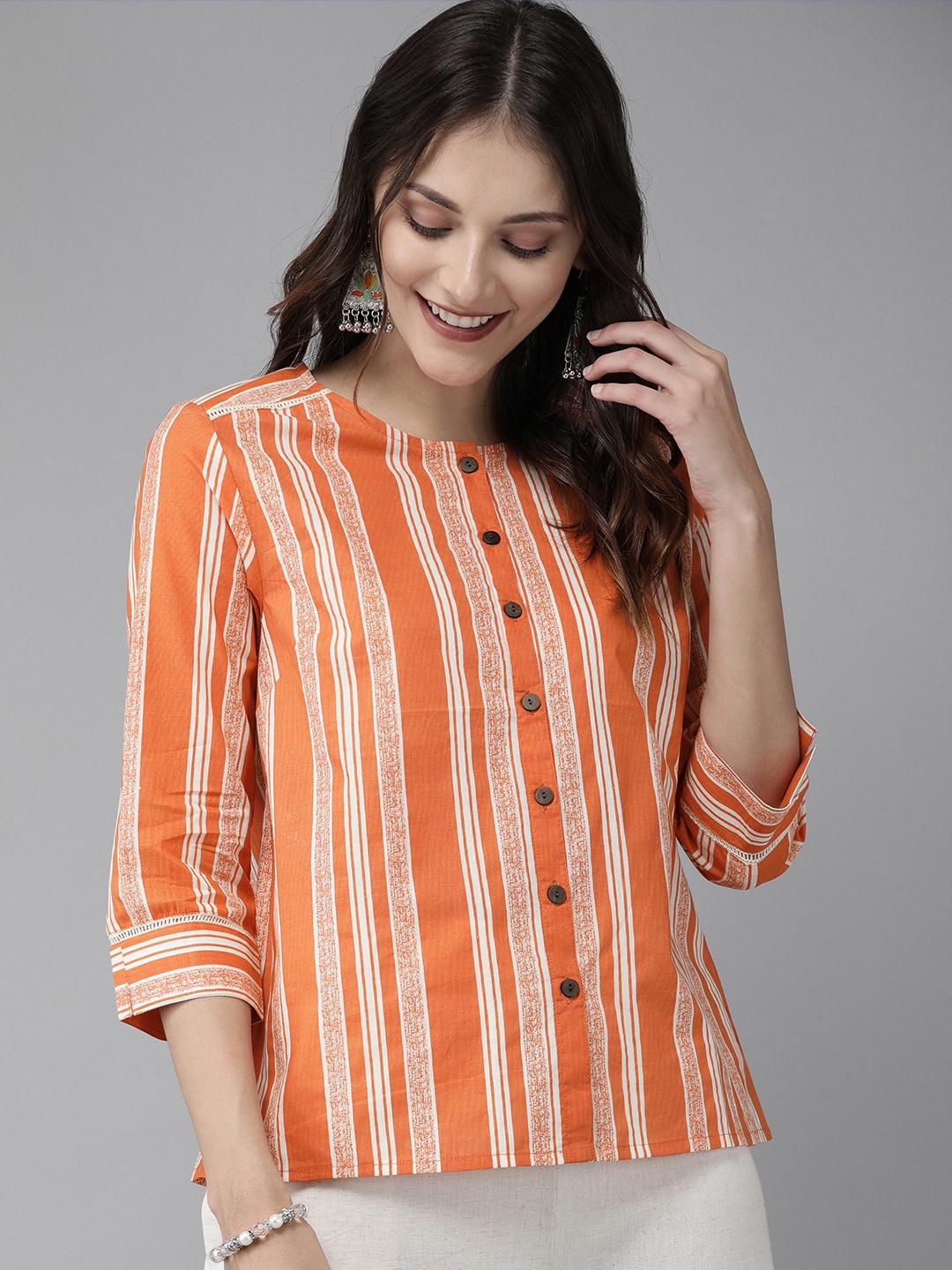 

Anouk Orange & Beige Striped Pure Cotton Top with Lace Inserts