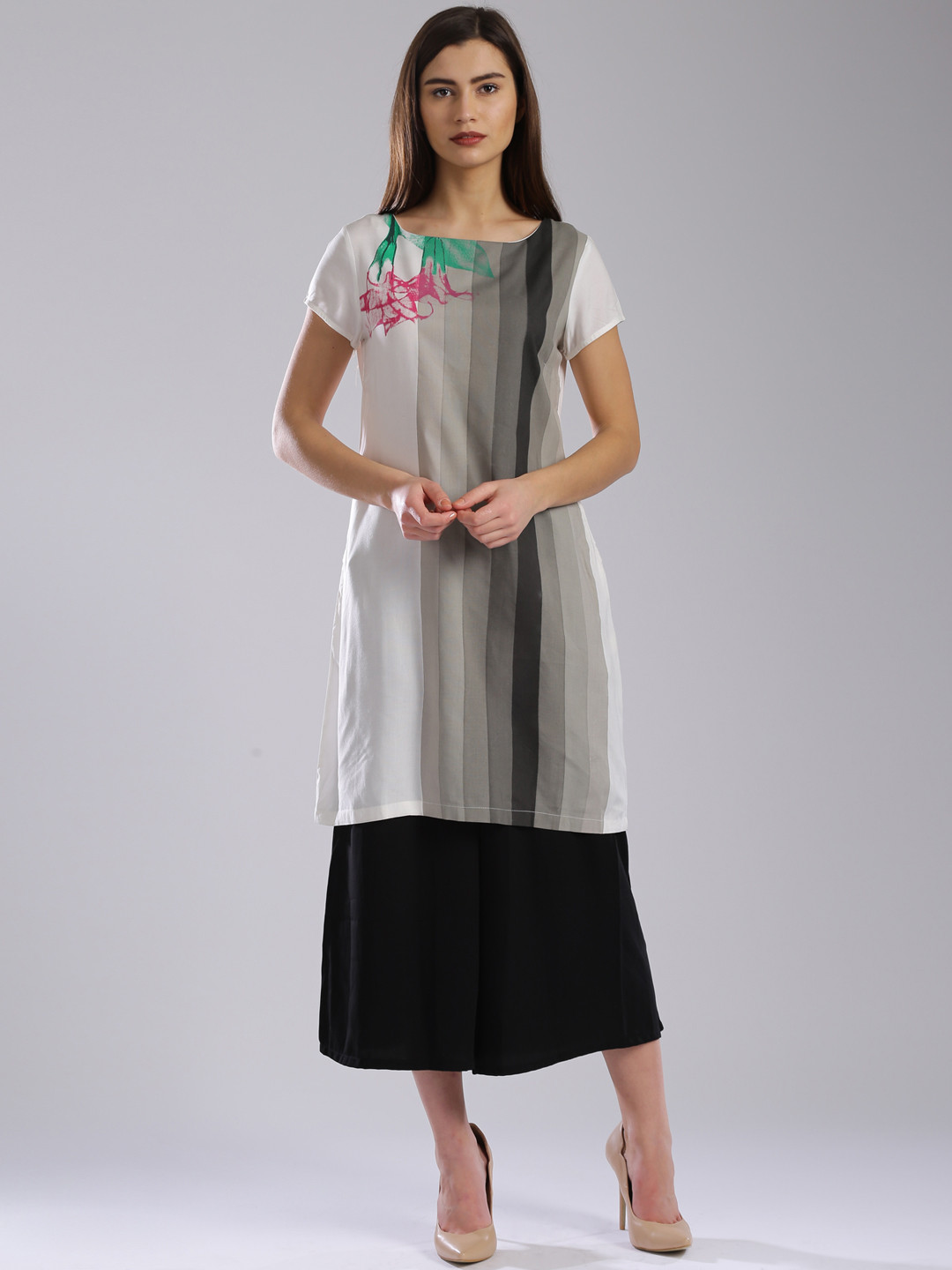 

W Off-White & Grey Printed A-Line Kurta