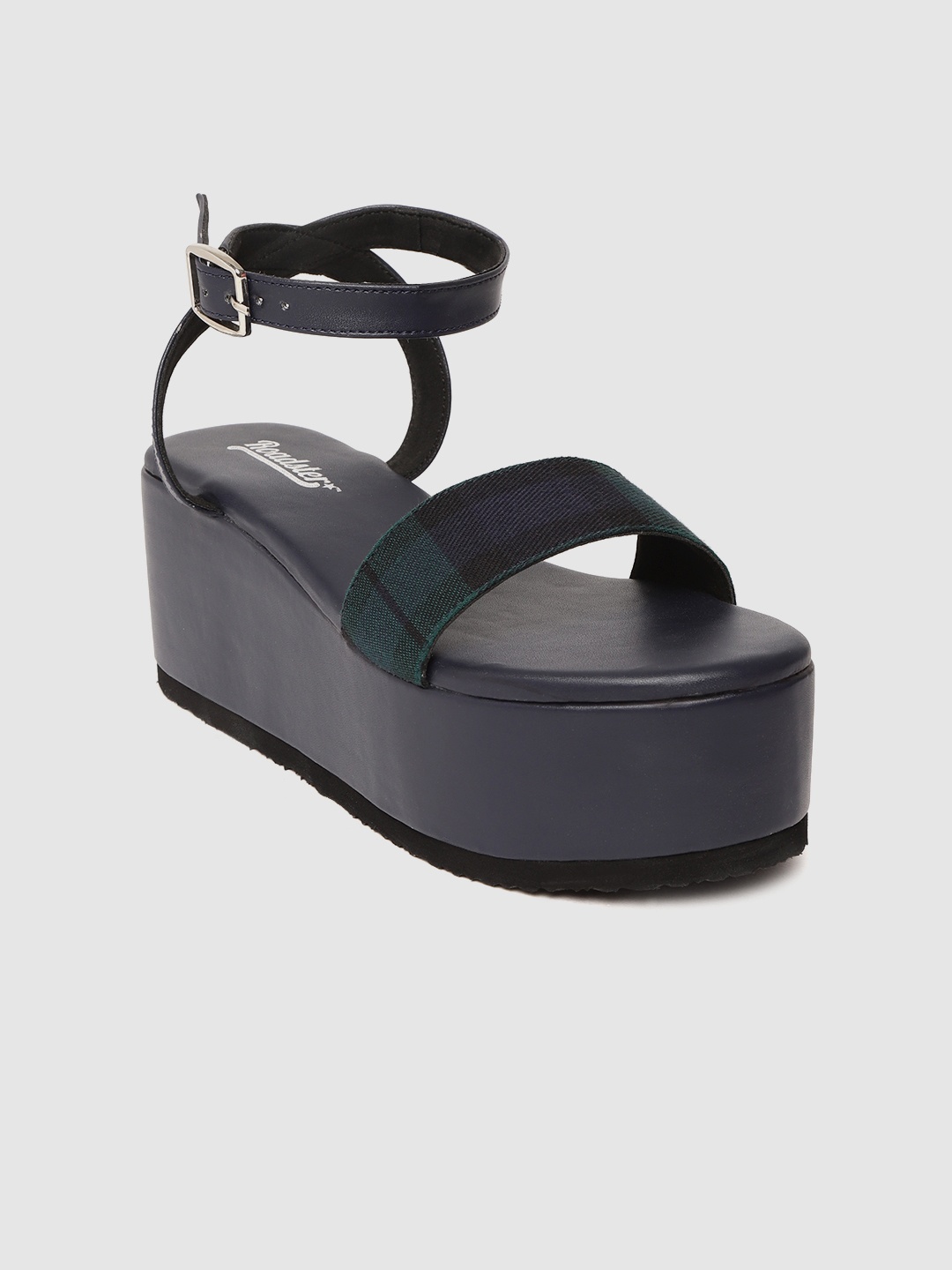 

Roadster Women Navy Blue & Green Checked Flatforms