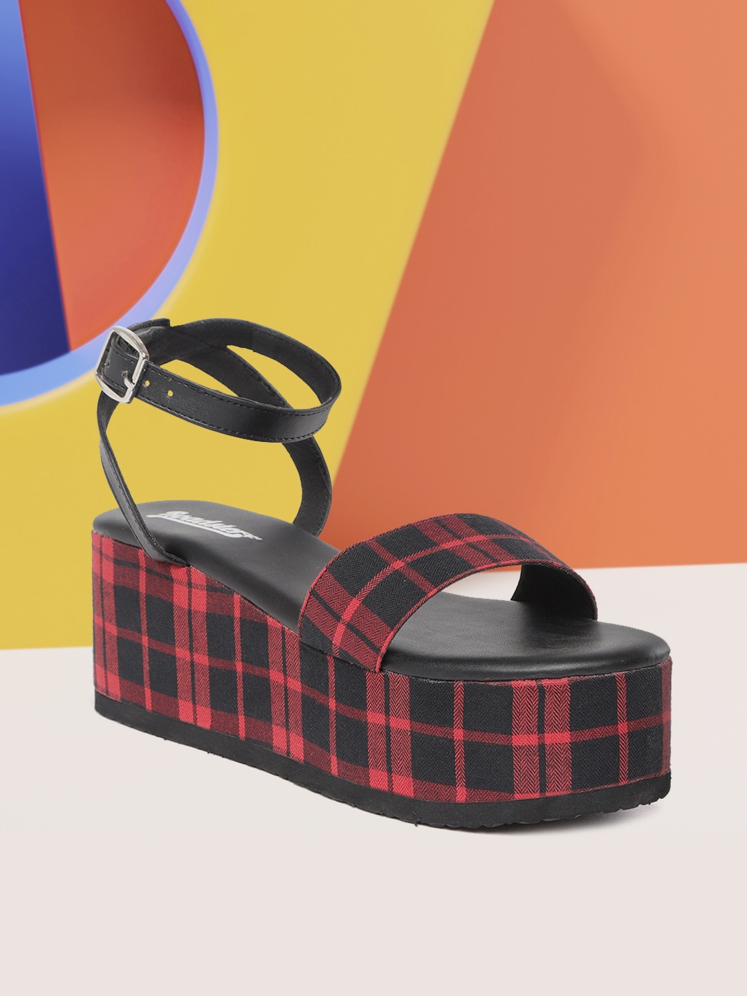 

Roadster Women Red & Black Checked Open Toe Flatforms
