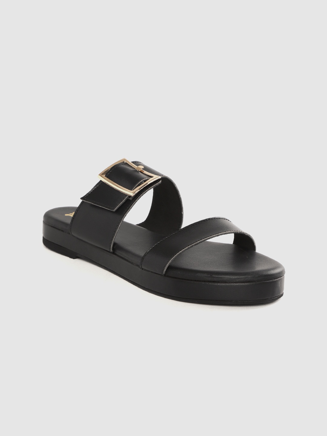 

Roadster Women Black Solid Open Toe Flats with Buckle Detail