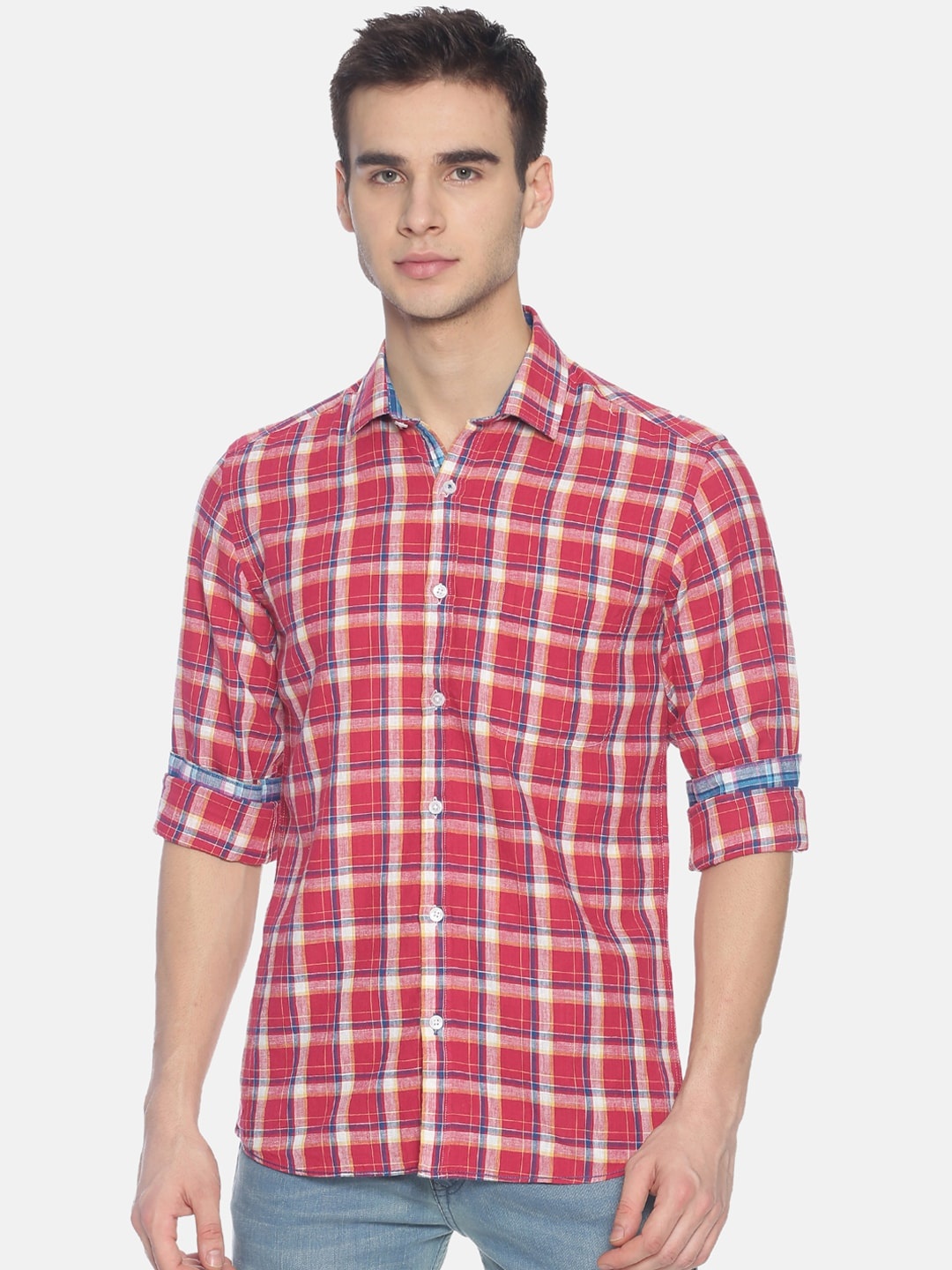 

CAVALLO by Linen Club Men Red & Blue Linen Cotton Checked Sustainable Casual Shirt