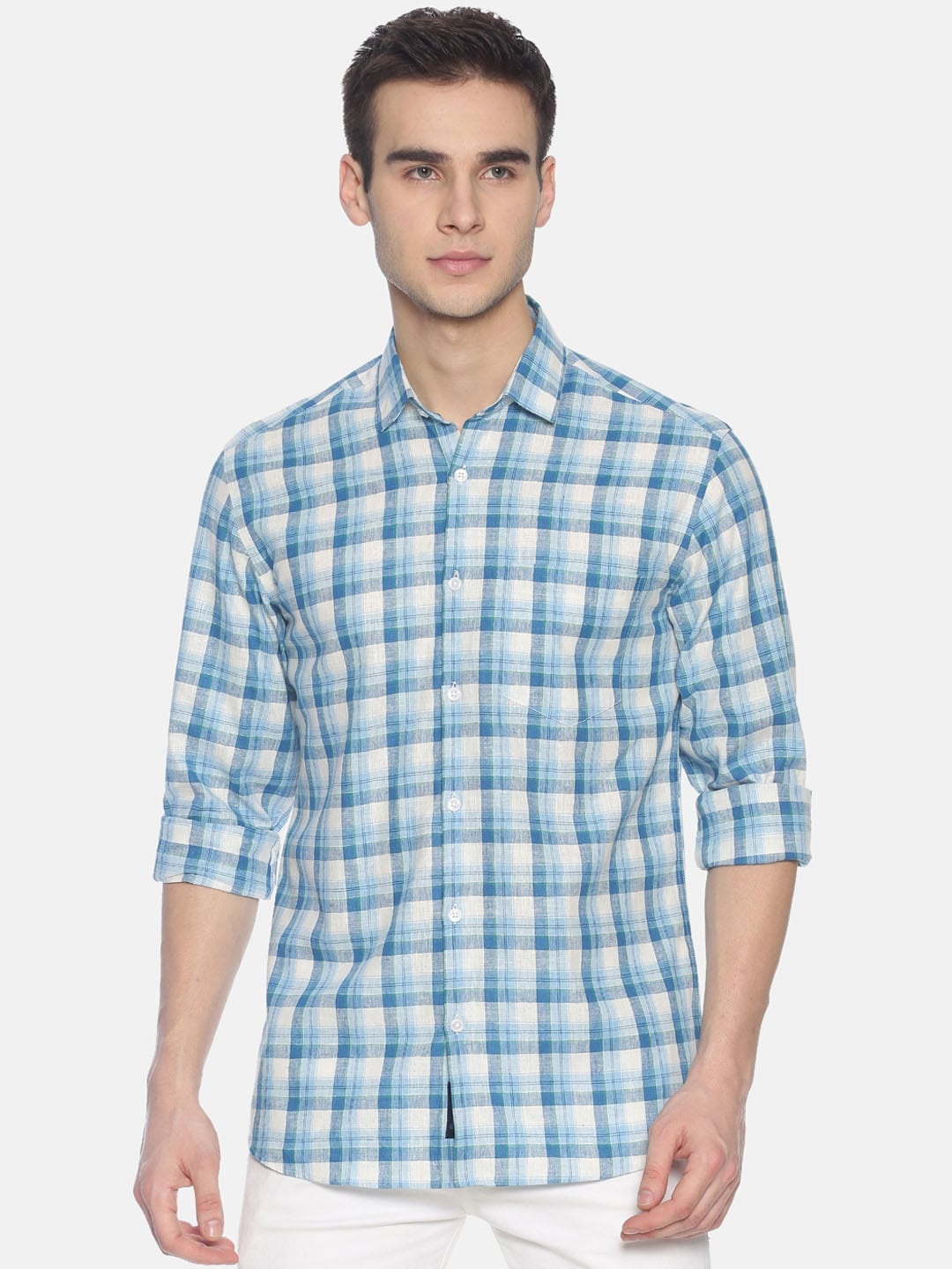 

CAVALLO by Linen Club Men Cotton Linen Blue & White Regular Fit Checked Sustainable Casual Shirt