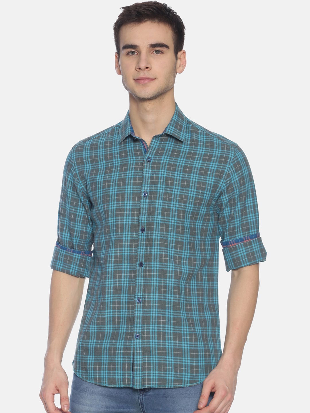 

CAVALLO by Linen Club Men Cotton Linen Blue & Grey Checked Sustainable Anti-Bacterial Shirt