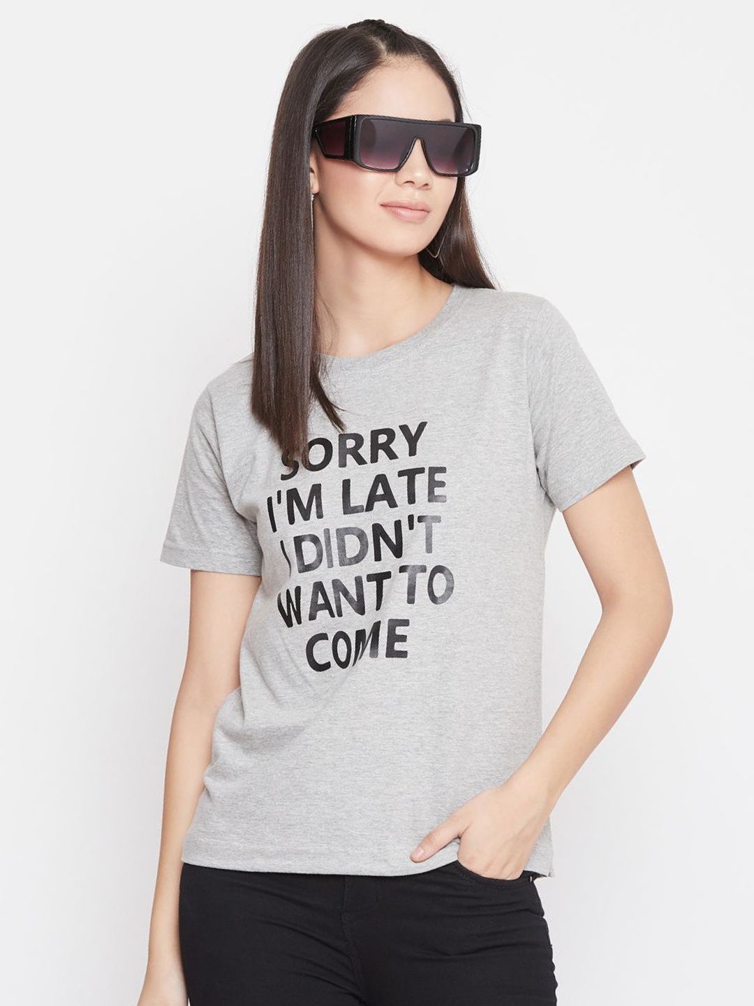 

Uptownie Lite Women Grey Typography Printed Pure Cotton Round Neck T-shirt