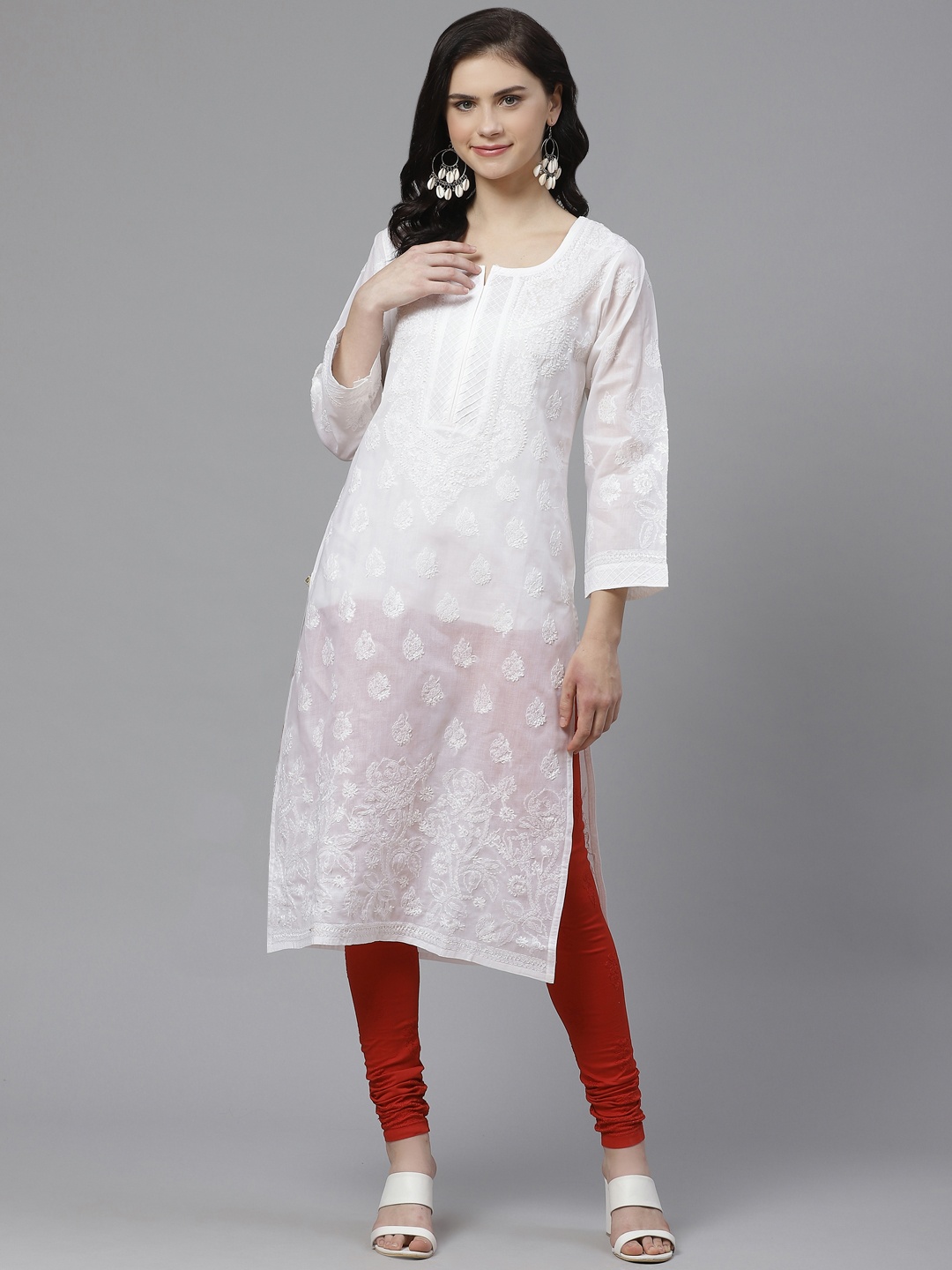 

ADA Women White Chikankari Embroidered Sustainable Handloom Kurta with Churidar
