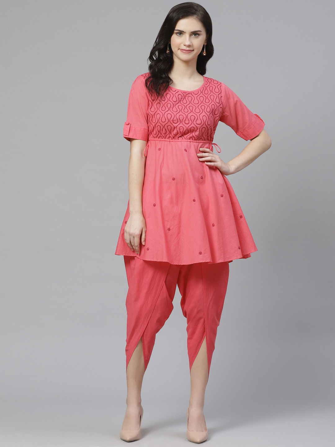 

ADA Women Pink Chikankari Embroidered Sustainable Kurti with Dhoti Pants