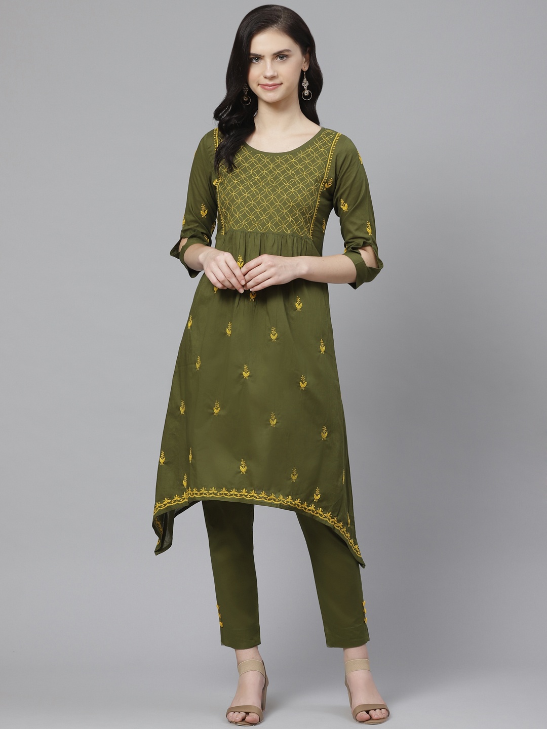 

ADA Women Green & Yellow Chikankari Embroidered Sustainable Handloom Kurta with Trousers