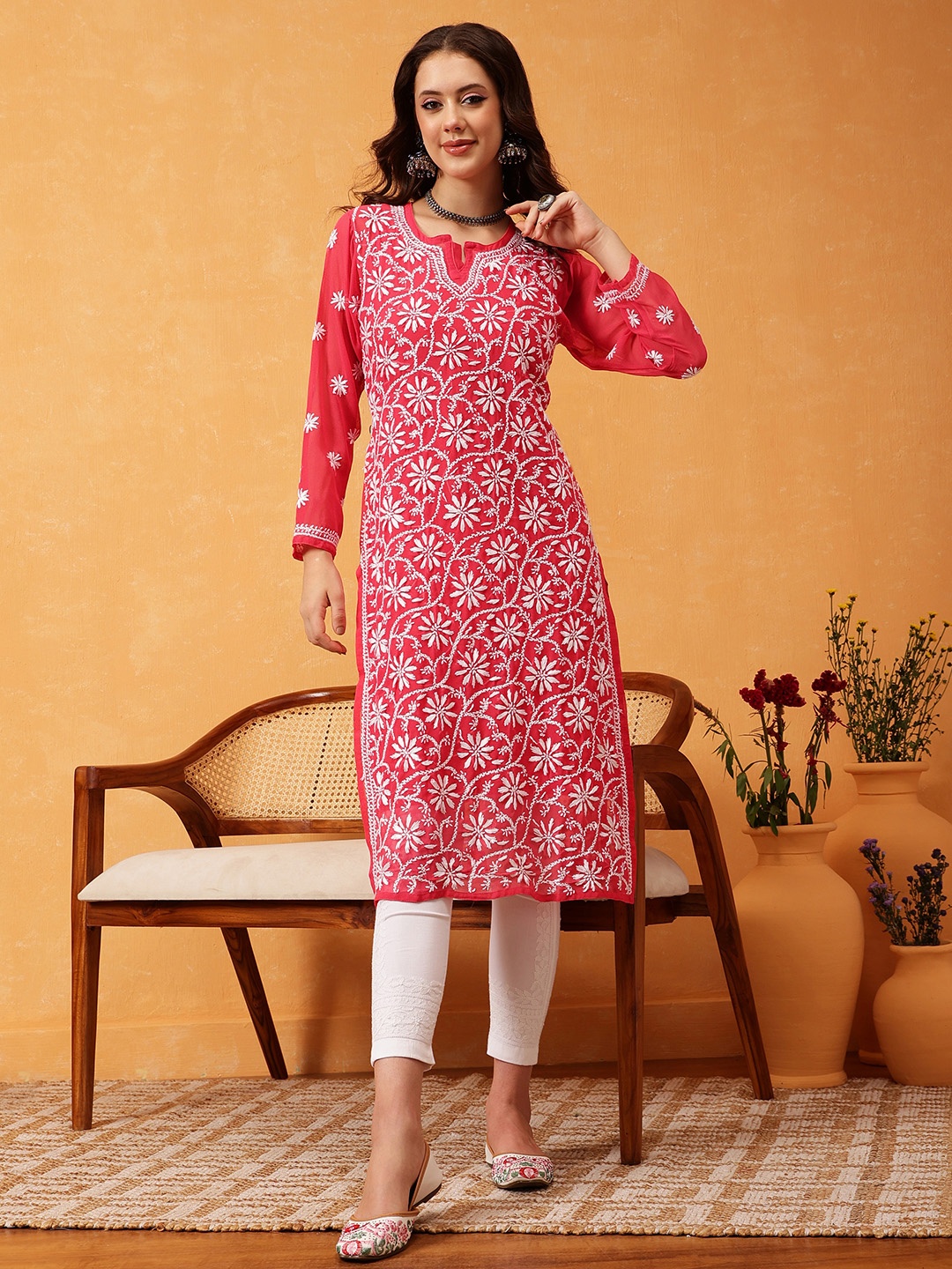 

ADA Women Pink & White Chikankari Embroidered Sustainable Handloom Kurta with Trousers