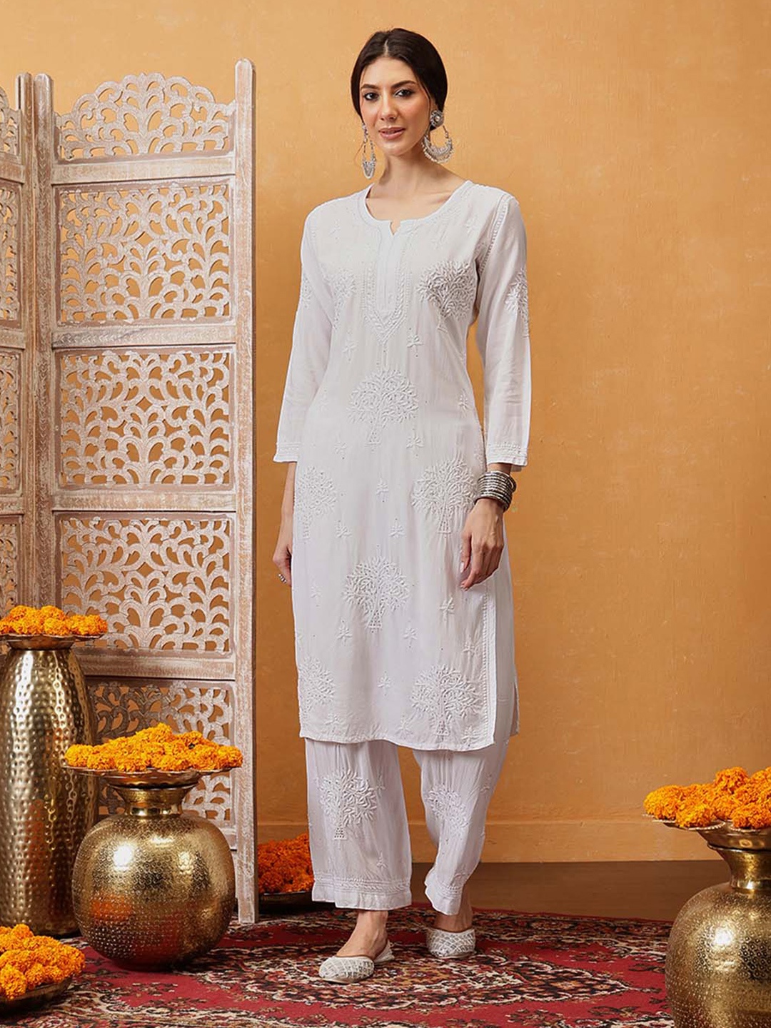 

ADA Women White Chikankari Embroidered Sustainable Kurta with Palazzos