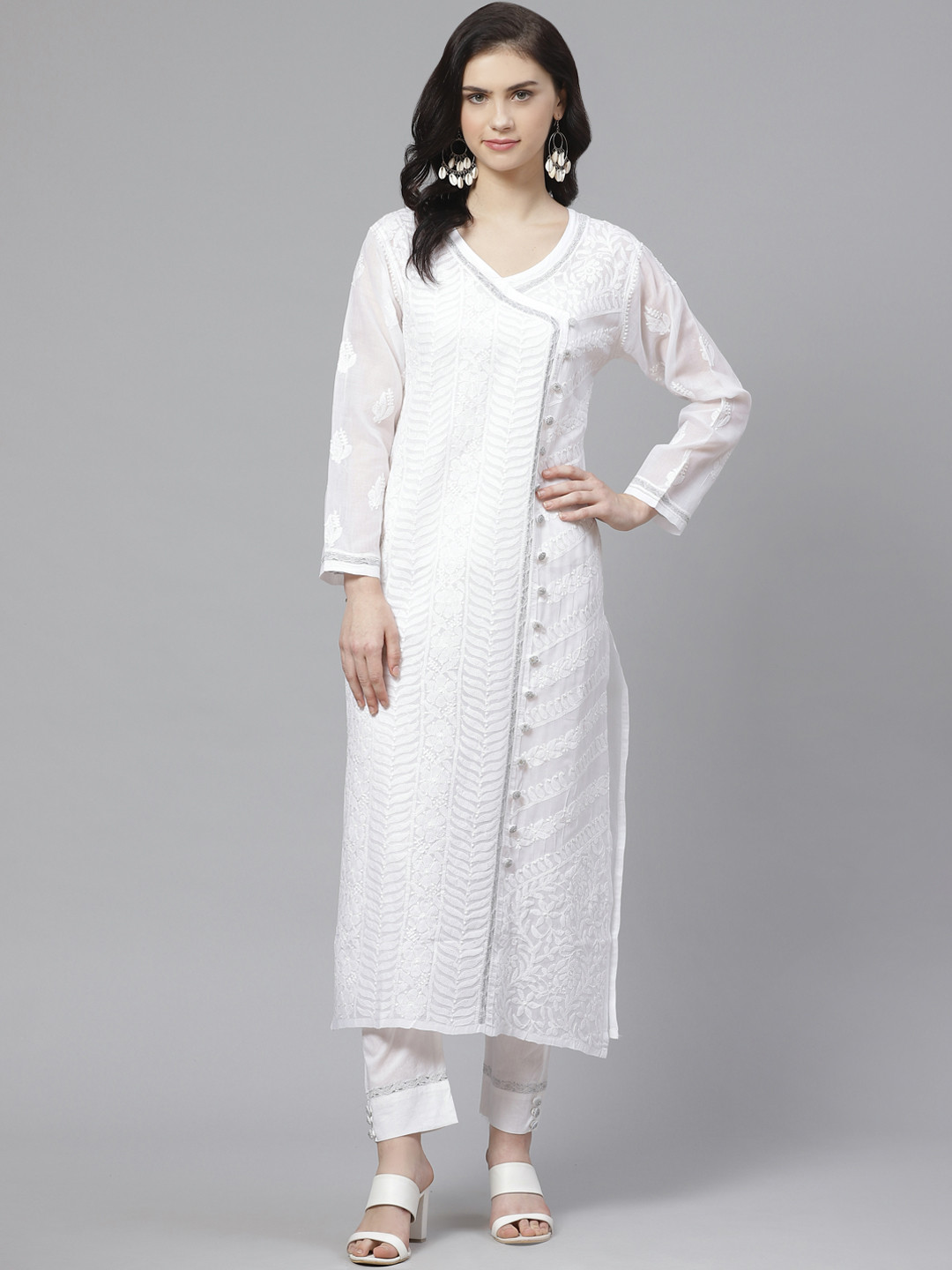 

ADA Women White Chikankari Embroidered Sustainable Kurta with Trousers