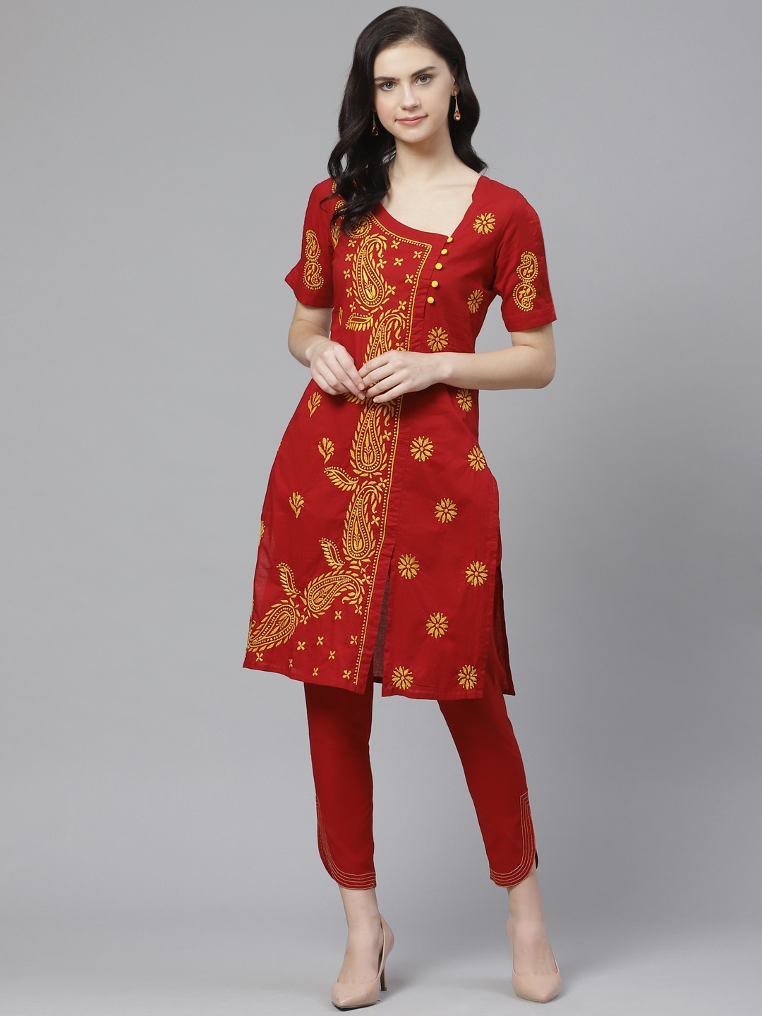 

ADA Women Maroon & Yellow Paisley Chikankari Embroidered Sustainable Handloom Kurta with Trousers