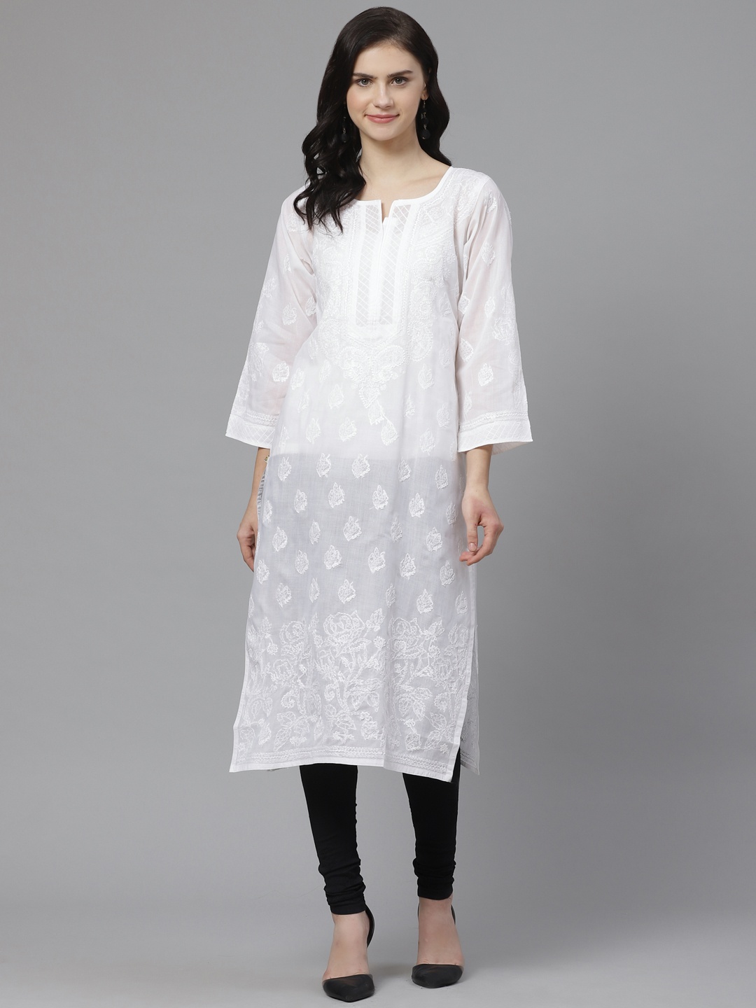 

ADA Women White & Black Chikankari Embroidered Semi-Sheer Sustainable Handloom Kurta with Churidar