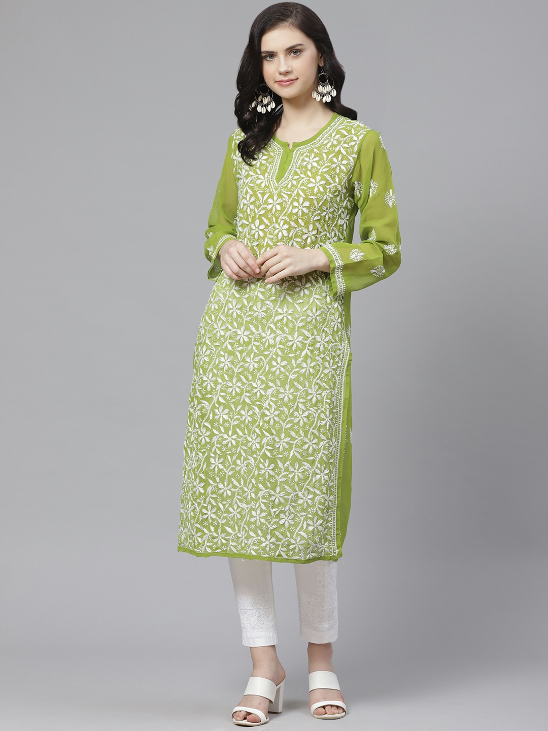 

ADA Women Green & White Floral Chikankari Embroidered Semi-Sheer Sustainable Kurta with Trousers