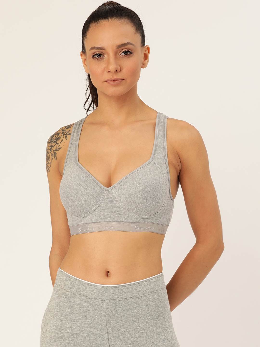 

Lady Lyka Grey Melange Solid Non-Wired Lightly Padded Sports Bra Provogue